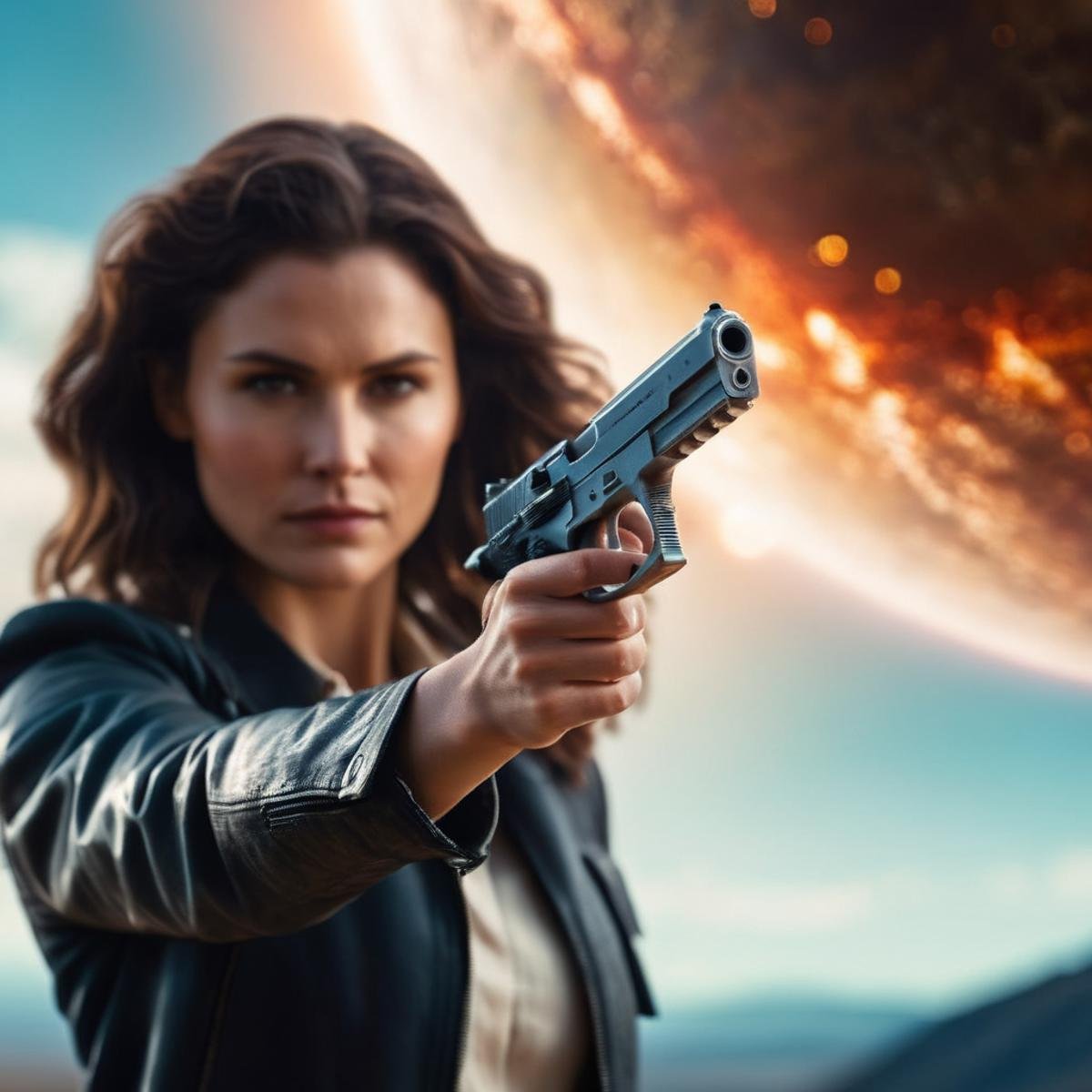 cinematic film still of  <lora:Perfect Hand:1.2>perfection a woman holding a gun in front of a giant planet perfect hand style, shallow depth of field, vignette, highly detailed, high budget, bokeh, cinemascope, moody, epic, gorgeous, film grain, grainy