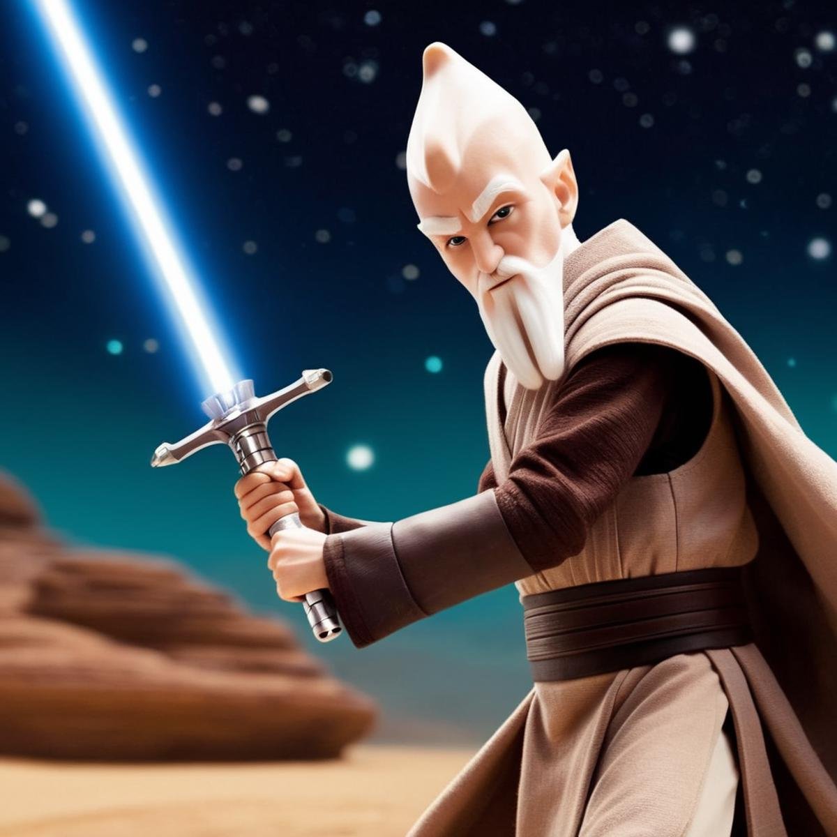 cinematic film still of  <lora:Ki-Adi-Mundi:1>Ki-Adi-Mundi a cartoon jedi character with a light sword in his hand in star wars universe, shallow depth of field, vignette, highly detailed, high budget, bokeh, cinemascope, moody, epic, gorgeous, film grain, grainy