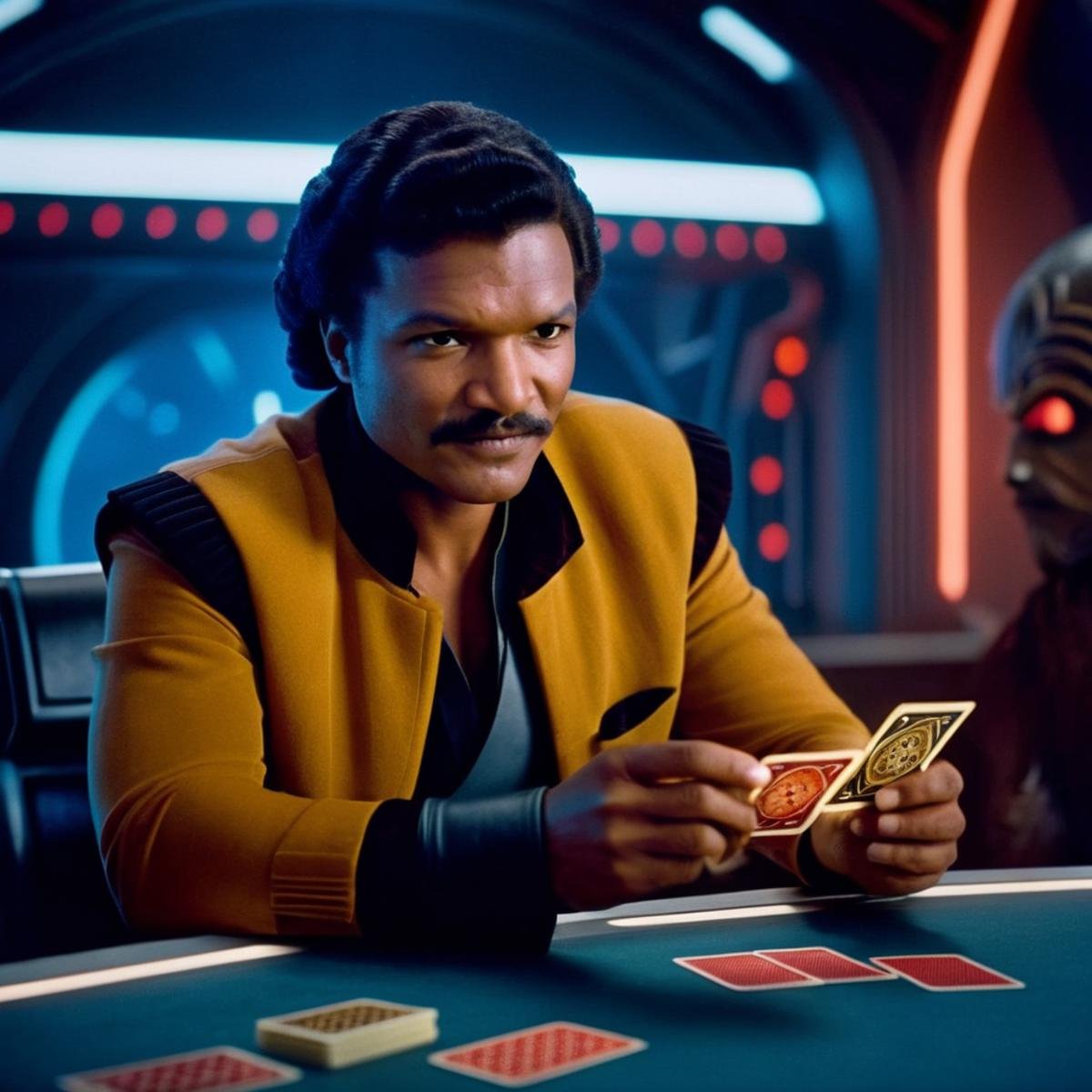 cinematic film still of  <lora:Lando Calrissian:1.2>Lando Calrissian a man sitting at a table with a card game in star wars universe, shallow depth of field, vignette, highly detailed, high budget, bokeh, cinemascope, moody, epic, gorgeous, film grain, grainy