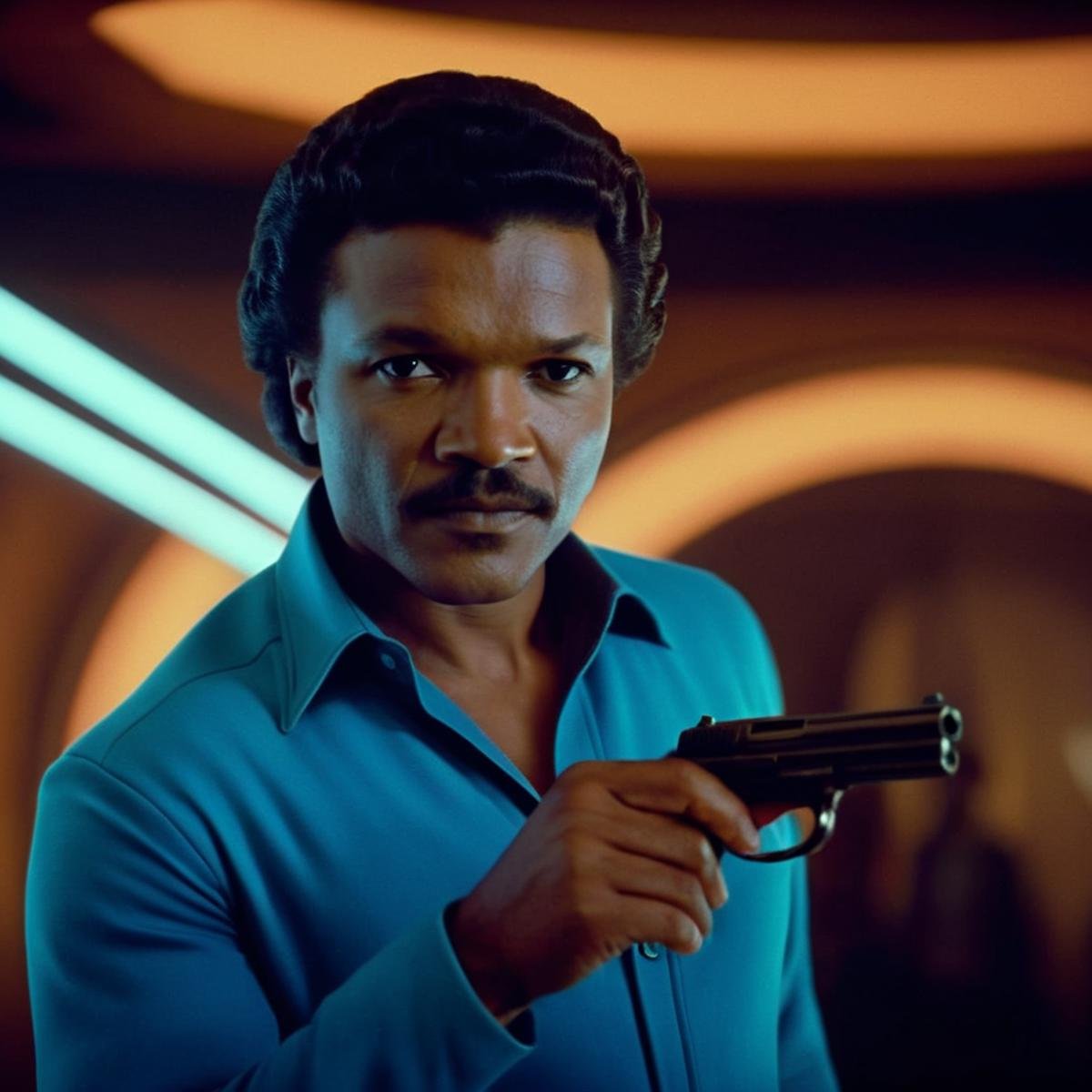 cinematic film still of  <lora:Lando Calrissian:1.2>Lando Calrissian a black man in a blue shirt and black pants in star wars universe, shallow depth of field, vignette, highly detailed, high budget, bokeh, cinemascope, moody, epic, gorgeous, film grain, grainy