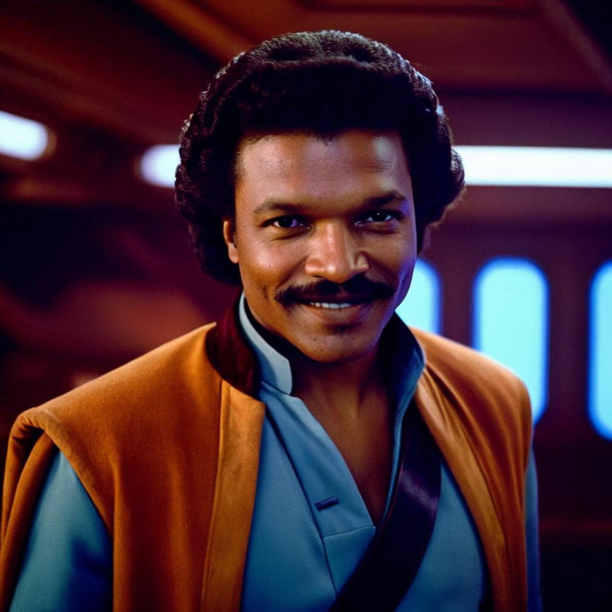 cinematic film still of  <lora:Lando Calrissian:1.2>Lando Calrissian a black man with a mustache and a moustache smiles in star wars universe, shallow depth of field, vignette, highly detailed, high budget, bokeh, cinemascope, moody, epic, gorgeous, film grain, grainy