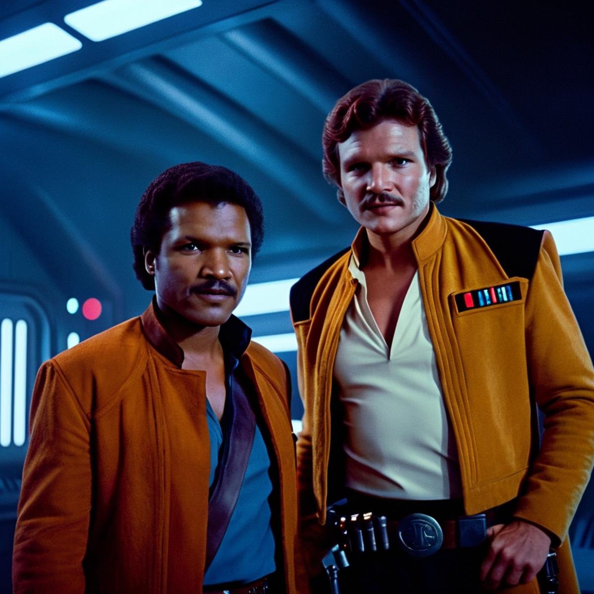 cinematic film still of  <lora:Lando Calrissian:1.2>Lando Calrissian a man standing next to Han Solo in star wars universe, shallow depth of field, vignette, highly detailed, high budget, bokeh, cinemascope, moody, epic, gorgeous, film grain, grainy