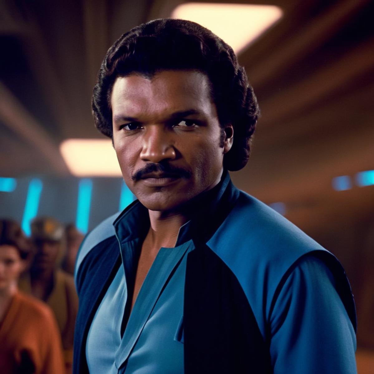 cinematic film still of  <lora:Lando Calrissian:1.2>Lando Calrissian a man in a blue shirt and black pants in star wars universe, shallow depth of field, vignette, highly detailed, high budget, bokeh, cinemascope, moody, epic, gorgeous, film grain, grainy