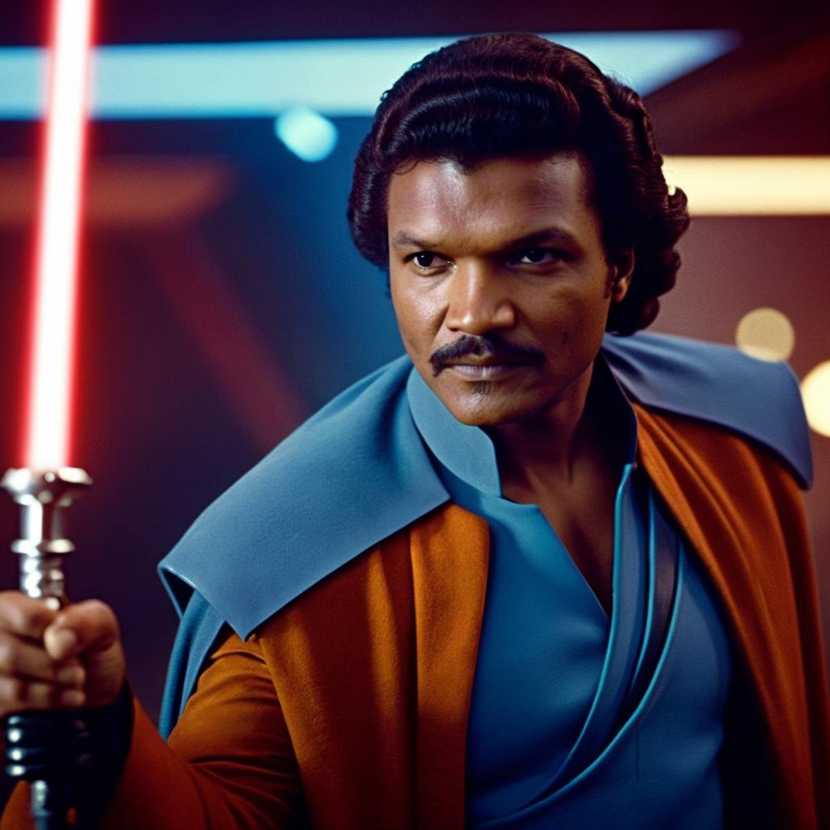 cinematic film still of  <lora:Lando Calrissian:1.2>Lando Calrissian a man dressed in a costume with a sword in star wars universe, shallow depth of field, vignette, highly detailed, high budget, bokeh, cinemascope, moody, epic, gorgeous, film grain, grainy