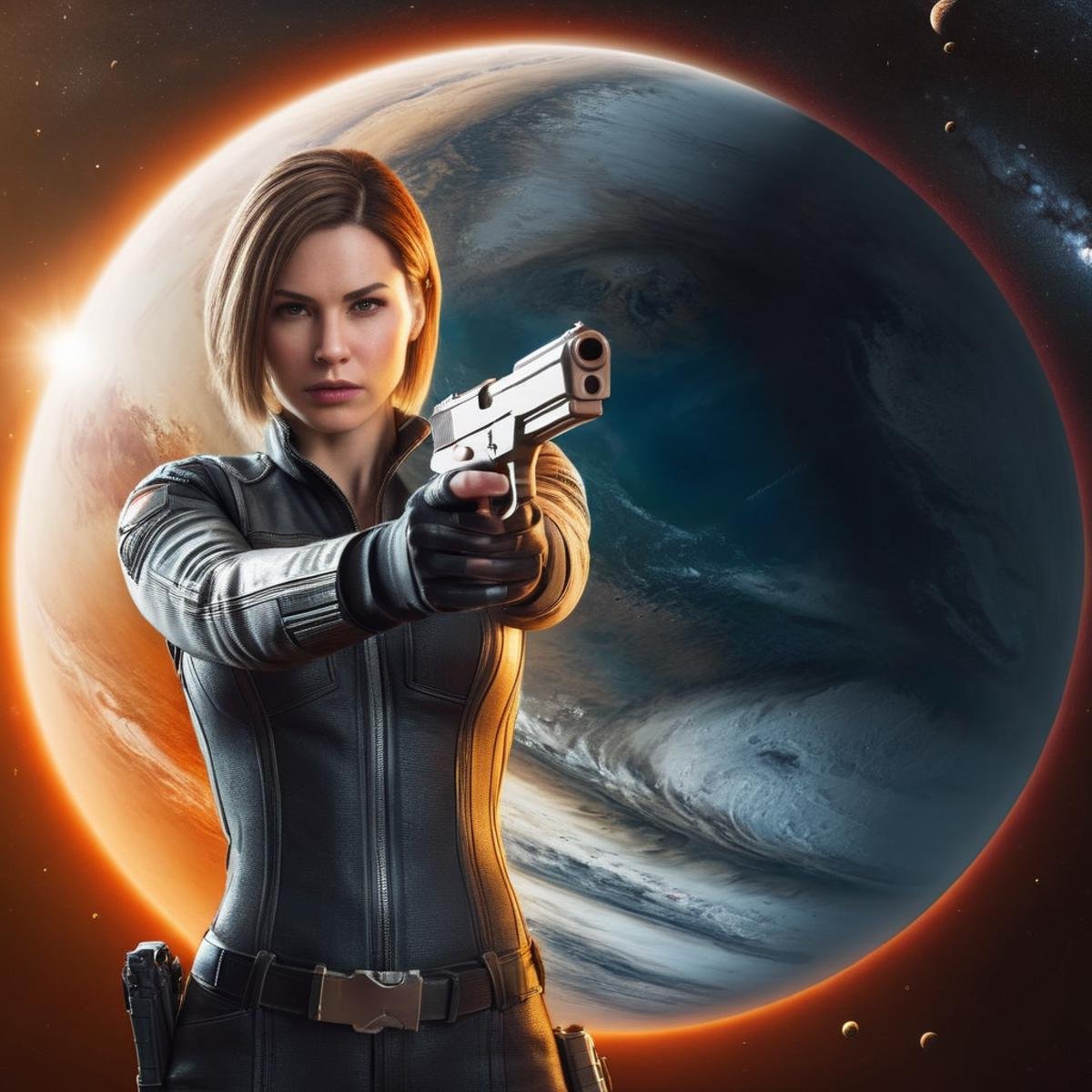 Hyperrealistic art of <lora:Perfect Hands:1.5>a woman holding a gun in front of a giant planet Perfect Hands, Extremely high-resolution details, photographic, realism pushed to extreme, fine texture, incredibly lifelike