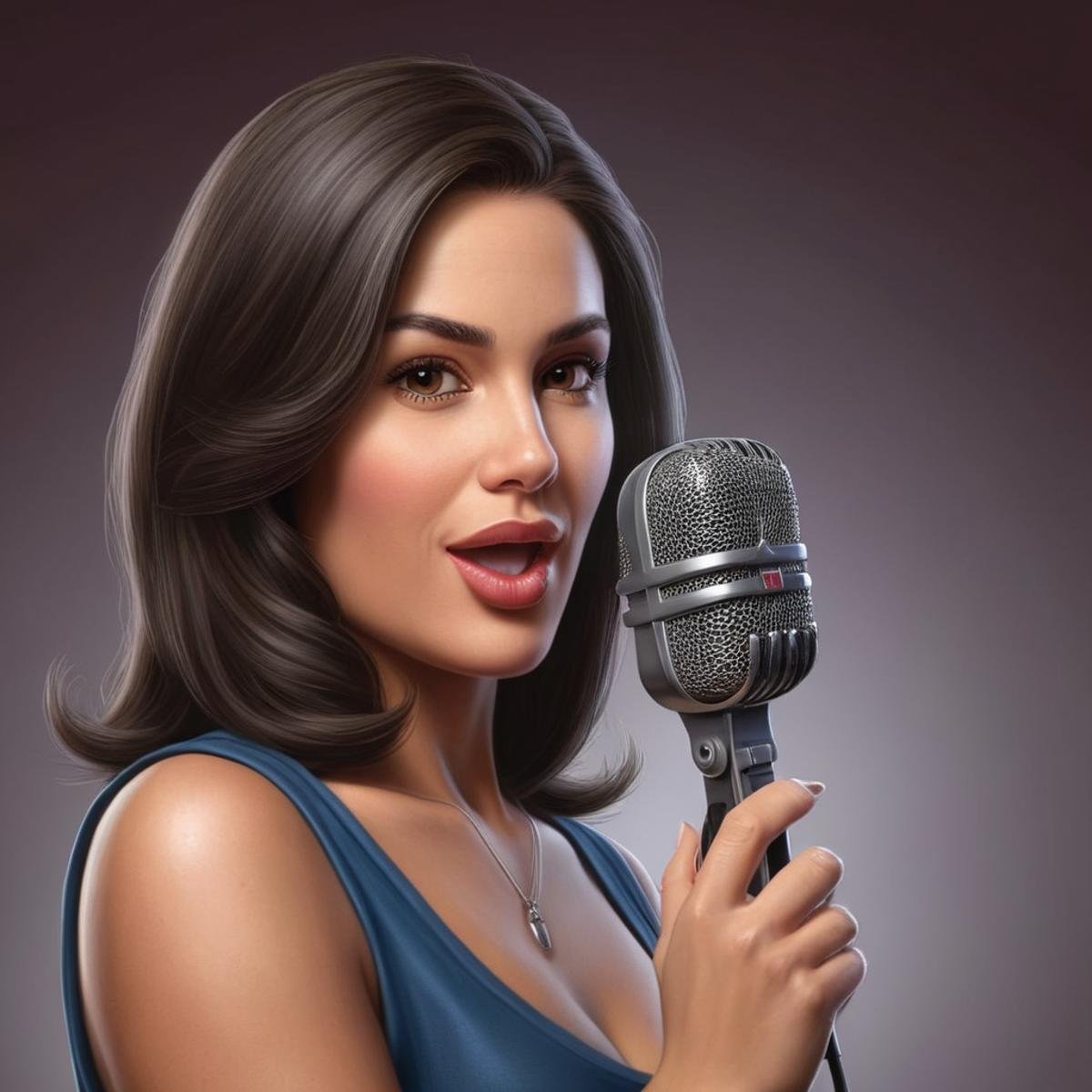 Hyperrealistic art of <lora:Perfect Hands:1.5>a cartoon picture of a woman with a microphone Perfect Hands, Extremely high-resolution details, photographic, realism pushed to extreme, fine texture, incredibly lifelike