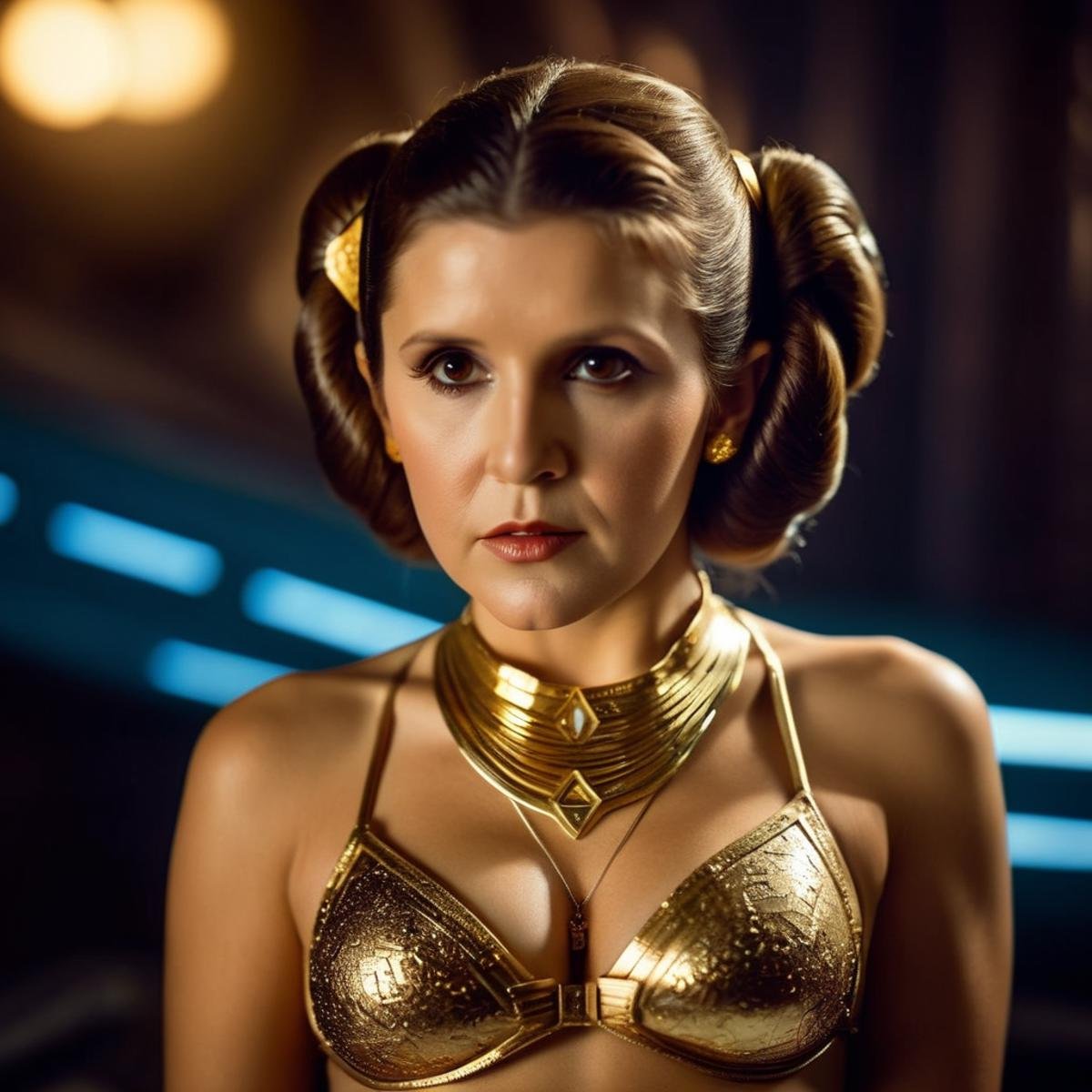 cinematic film still of  <lora:Leia Organa:1.2>Leia Organa a hot beautiful woman in a metallic bikini top and gold jewelry in star wars universe, shallow depth of field, vignette, highly detailed, high budget, bokeh, cinemascope, moody, epic, gorgeous, film grain, grainy