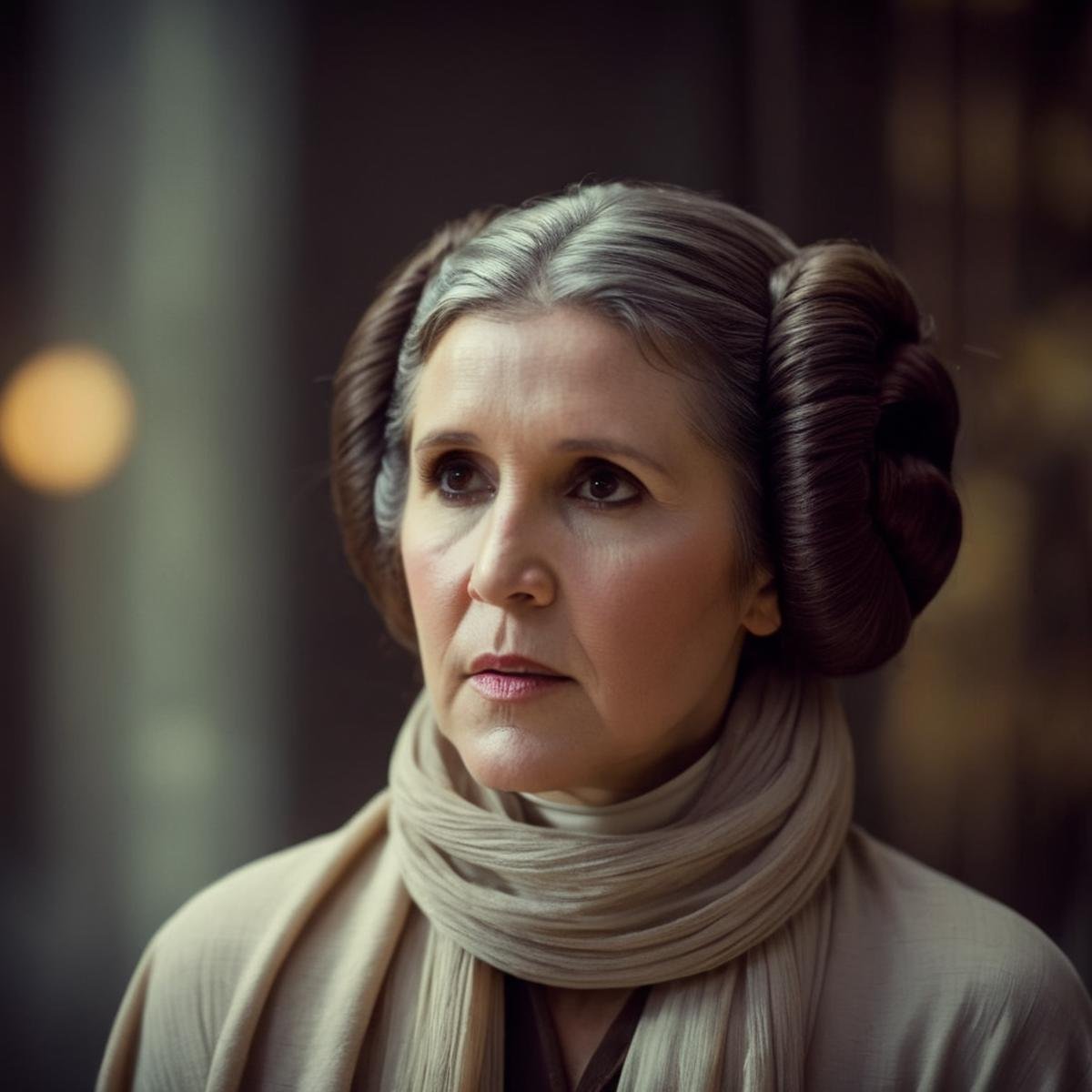 cinematic film still of  <lora:Leia Organa:1.2>Leia Organa a grey hair milf woman with a scarf on her head in star wars universe, shallow depth of field, vignette, highly detailed, high budget, bokeh, cinemascope, moody, epic, gorgeous, film grain, grainy