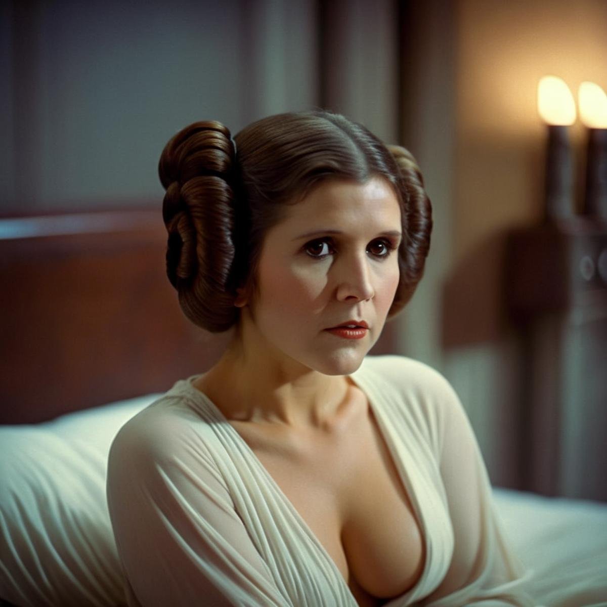 cinematic film still of  <lora:Leia Organa:1.2>Leia Organa a hot beautiful naked breasts woman in a white dress sitting on a bed in star wars universe, shallow depth of field, vignette, highly detailed, high budget, bokeh, cinemascope, moody, epic, gorgeous, film grain, grainy