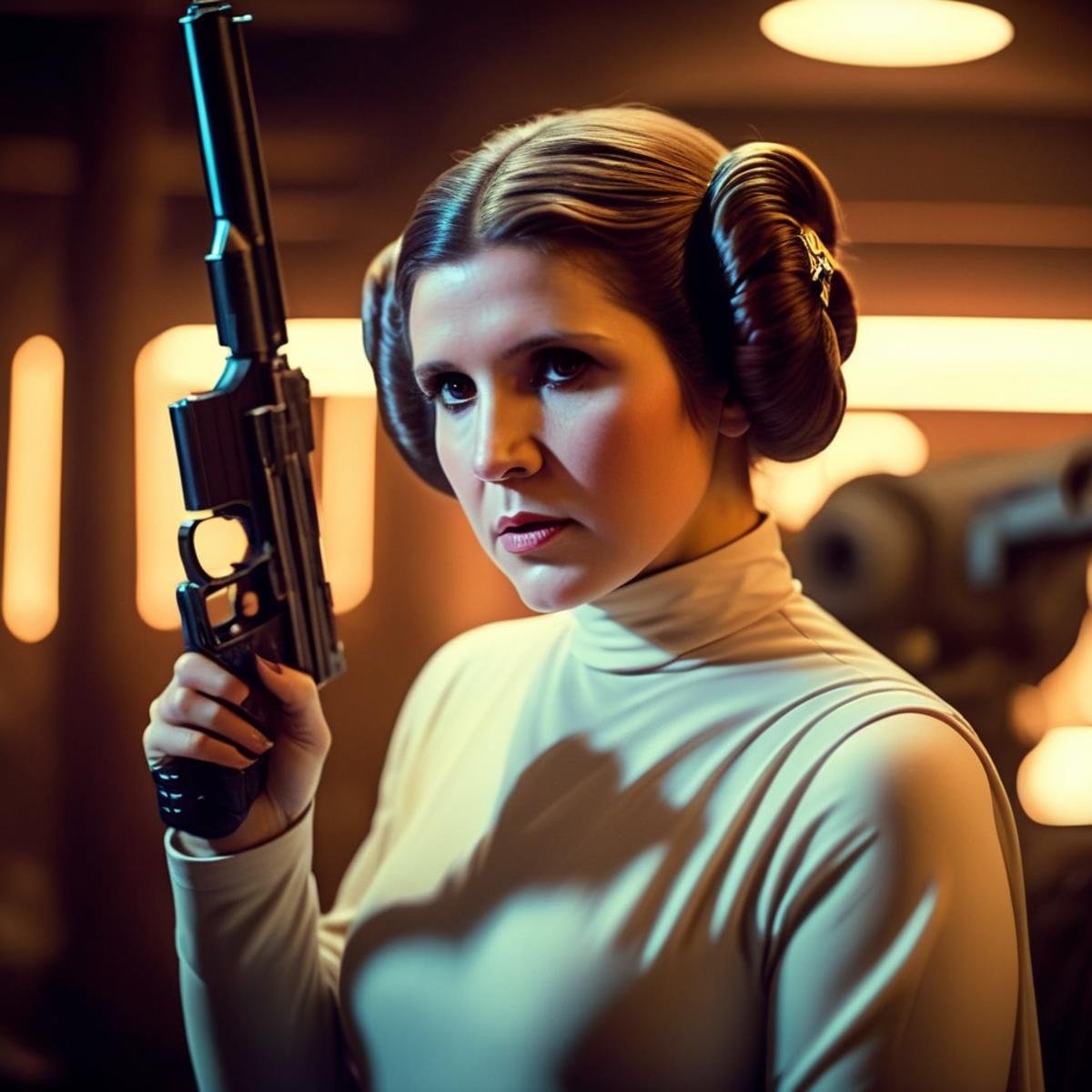 cinematic film still of  <lora:Leia Organa:1.2>Leia Organa a painting of a hot beautiful woman holding a gun and a star wars character in star wars universe, shallow depth of field, vignette, highly detailed, high budget, bokeh, cinemascope, moody, epic, gorgeous, film grain, grainy