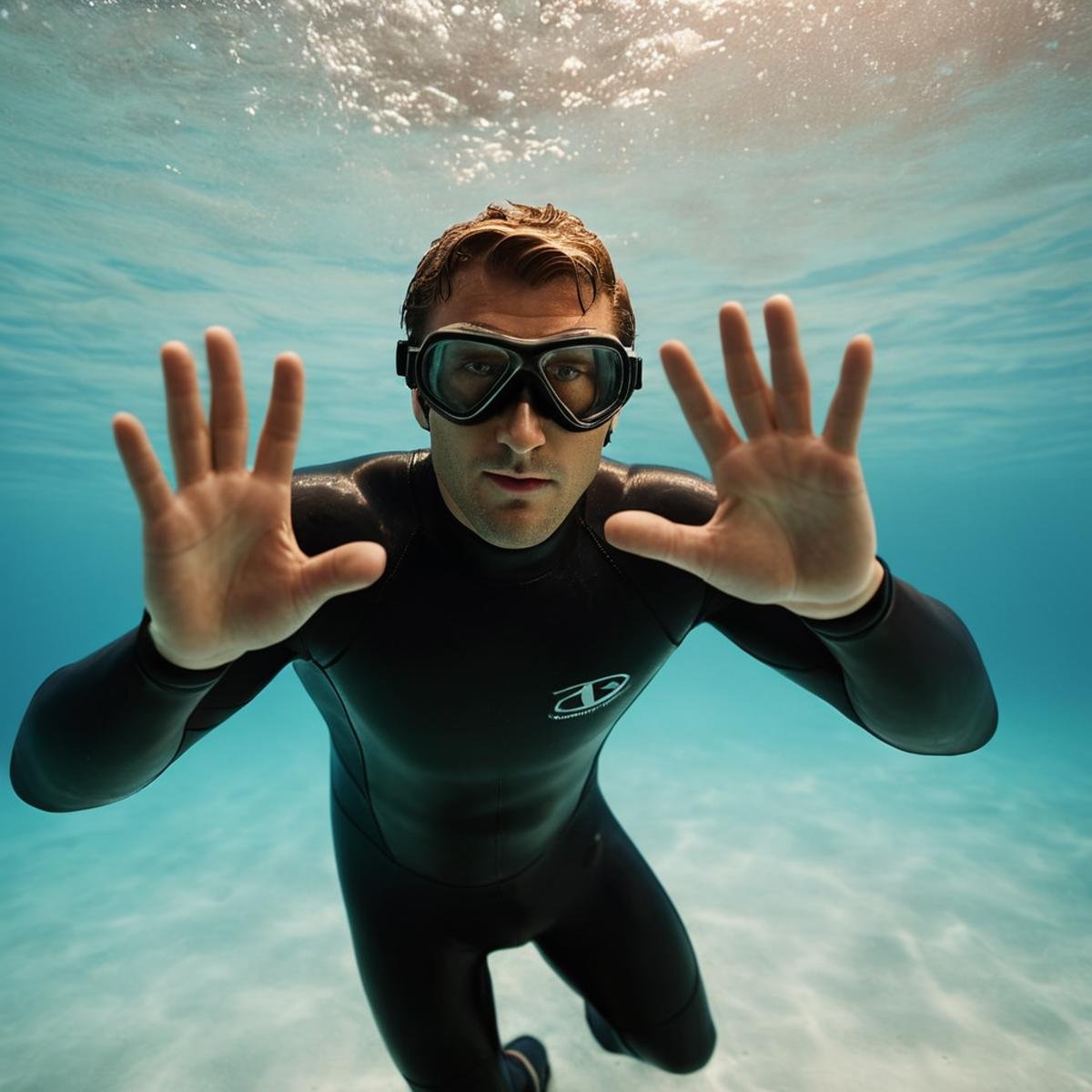 cinematic film still of  <lora:perfection style:0.1> <lora:detailed:0.3> <lora:Chiaroscuro Lighting Style:0.3> <lora:hand 4:0.3>A perfect detailed photo of a man in a black wetsuit and goggles is diving with perfect hands, shallow depth of field, vignette, highly detailed, high budget, bokeh, cinemascope, moody, epic, gorgeous, film grain, grainy