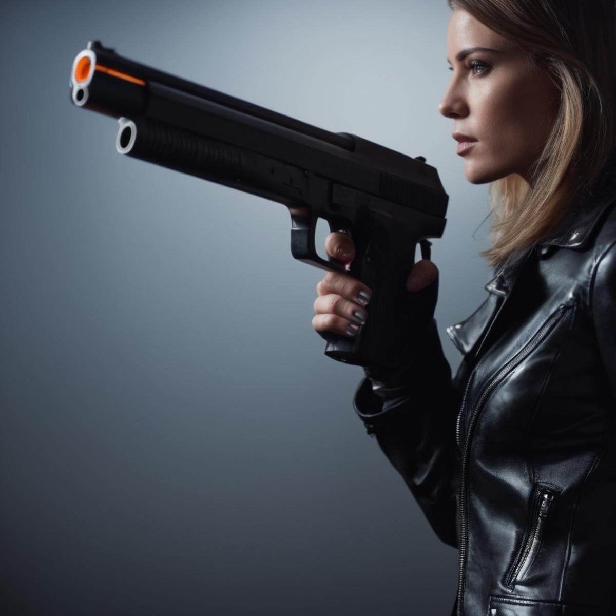 cinematic film still of  <lora:perfection style:0.1> <lora:detailed:0.3> <lora:Chiaroscuro Lighting Style:0.3> <lora:hand 4:0.3>A detailed and A perfect photo of a side view of a person in a black leather jacket holding a modified futuristic gun, shallow depth of field, vignette, highly detailed, high budget, bokeh, cinemascope, moody, epic, gorgeous, film grain, grainy