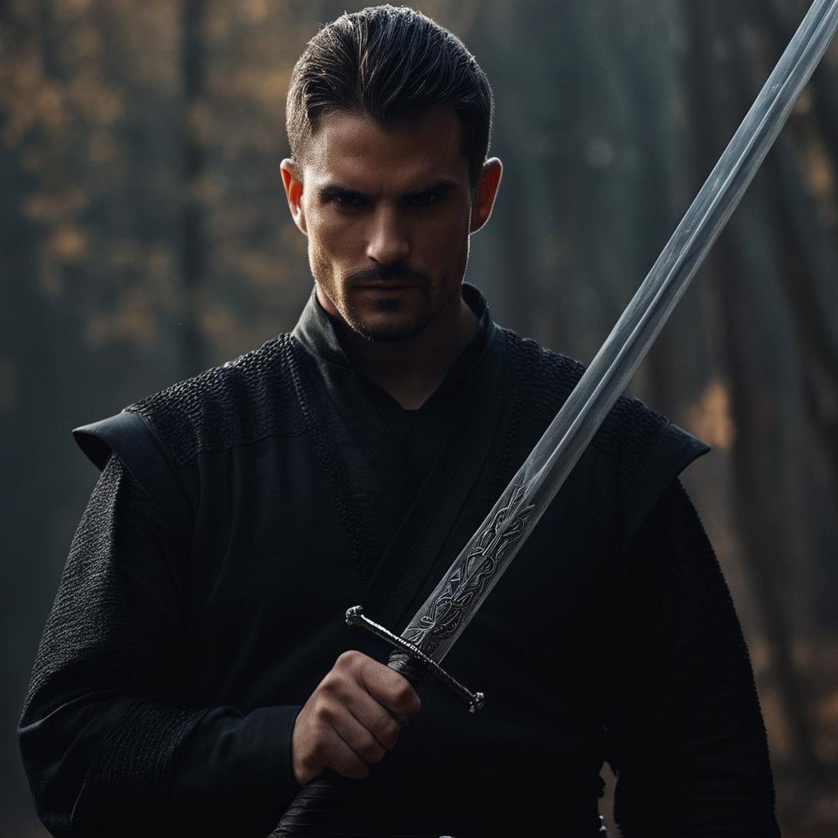 cinematic film still of  <lora:perfection style:0.1> <lora:detailed:0.3> <lora:Chiaroscuro Lighting Style:0.3> <lora:hand 4:0.3>A perfect detailed photo of a man in a black outfit holding a sword, shallow depth of field, vignette, highly detailed, high budget, bokeh, cinemascope, moody, epic, gorgeous, film grain, grainy