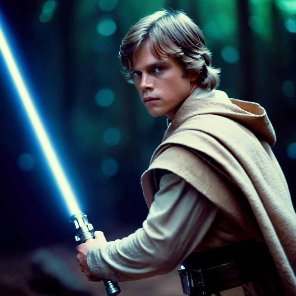 cinematic film still of  <lora:Luke Skywalker:1.2>Luke Skywalker a young man with a lightsaber sword in his hand in star wars universe, shallow depth of field, vignette, highly detailed, high budget, bokeh, cinemascope, moody, epic, gorgeous, film grain, grainy