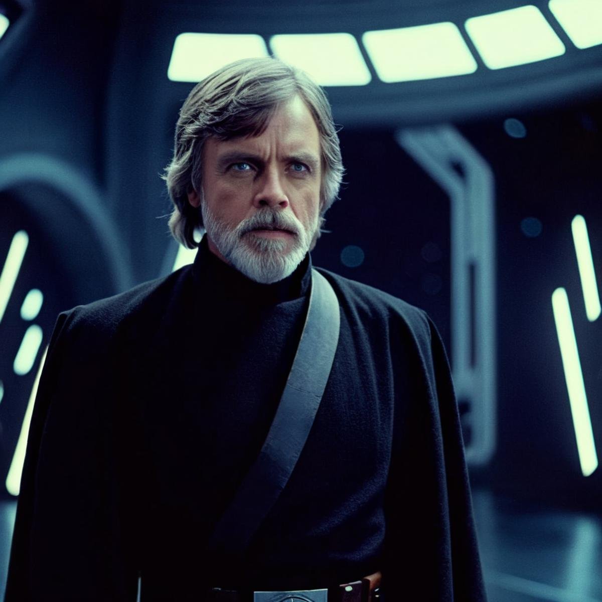 cinematic film still of  <lora:Luke Skywalker:1.2>Luke Skywalker a man with a grey beard and a black jacket in star wars universe, shallow depth of field, vignette, highly detailed, high budget, bokeh, cinemascope, moody, epic, gorgeous, film grain, grainy