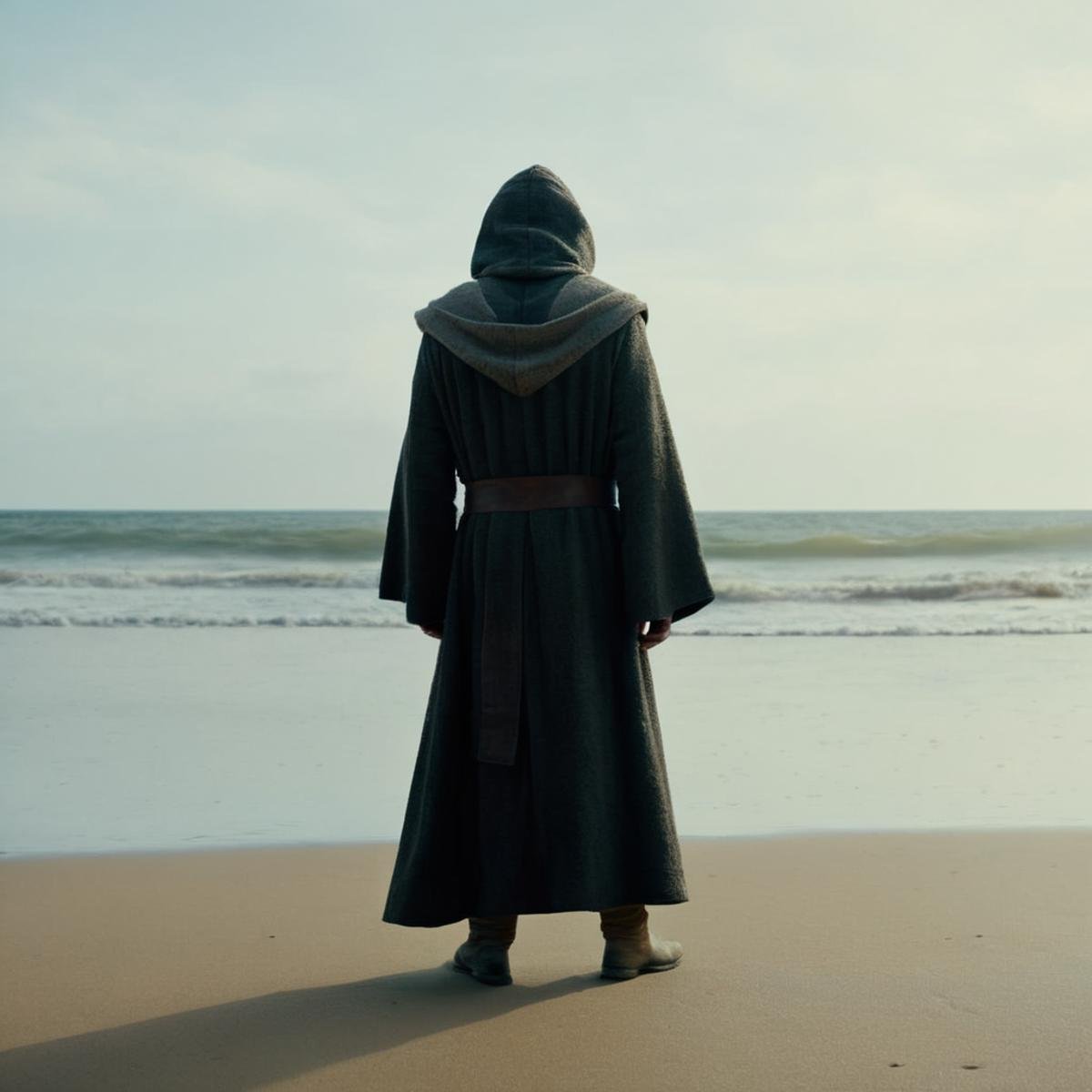 cinematic film still of  <lora:Luke Skywalker:1.2>Luke Skywalker an old man in a hooded robe standing on a beach in star wars universe, shallow depth of field, vignette, highly detailed, high budget, bokeh, cinemascope, moody, epic, gorgeous, film grain, grainy