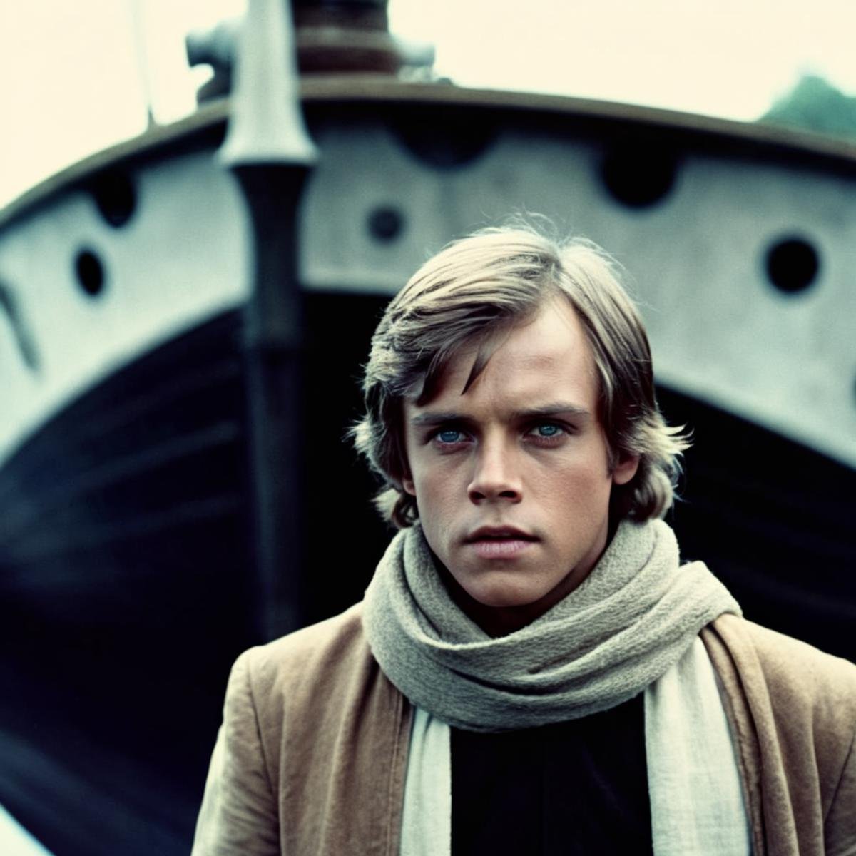 cinematic film still of  <lora:Luke Skywalker:1.2>Luke Skywalker a young man with a scarf on standing in front of a boat in star wars universe, shallow depth of field, vignette, highly detailed, high budget, bokeh, cinemascope, moody, epic, gorgeous, film grain, grainy