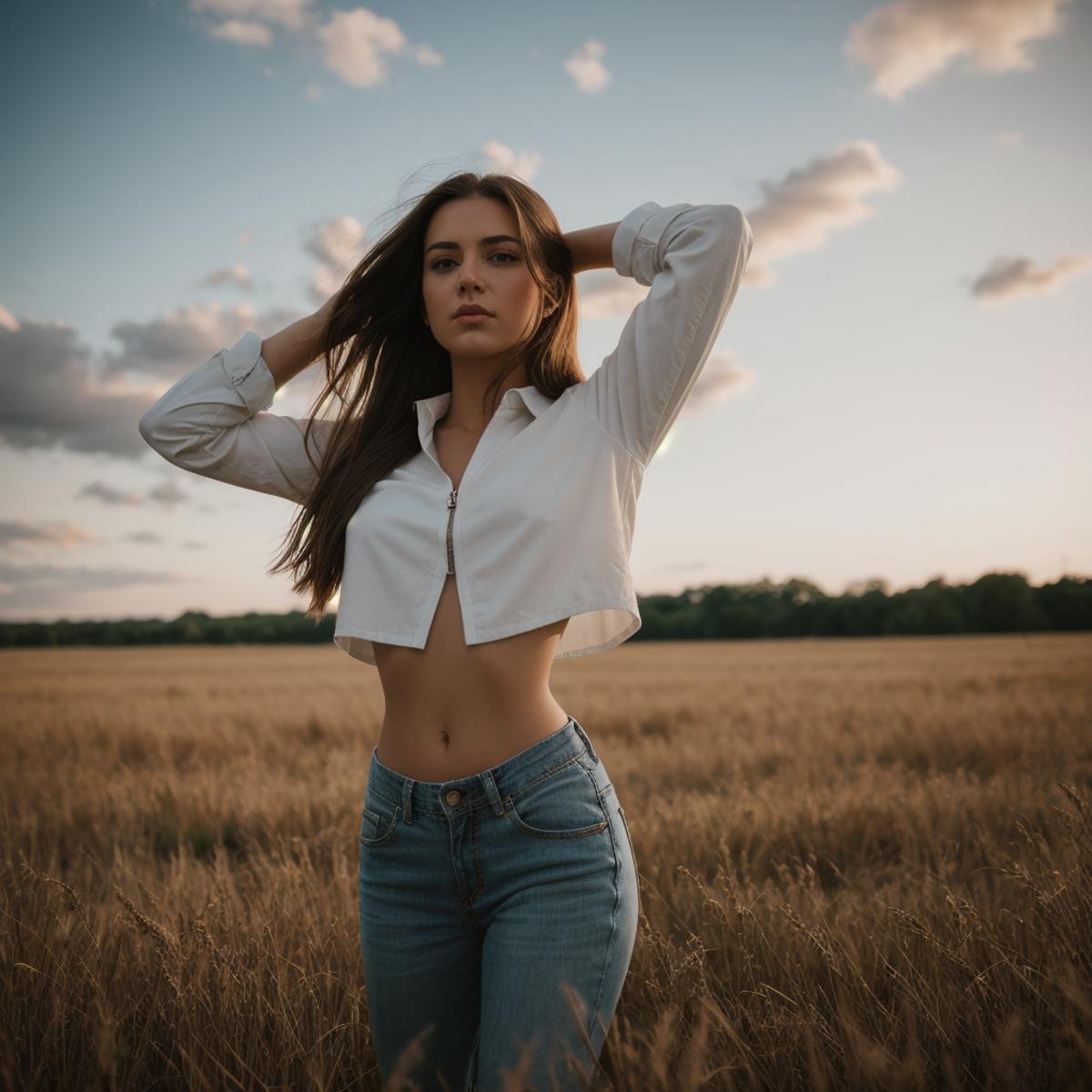 cinematic film still of  <lora:Hand v3 SD1.5:1>A perfect detailed photo of a woman in a field with her hands up,1girl,solo,long hair,brown hair,shirt,long sleeves,navel,white shirt,outdoors,sky,day,midriff,pants,blurry,arms up,blurry background,grass,zipper,field ,hand focus, perfect style, perfection style, detailed style, shallow depth of field, vignette, highly detailed, high budget, bokeh, cinemascope, moody, epic, gorgeous, film grain, grainy