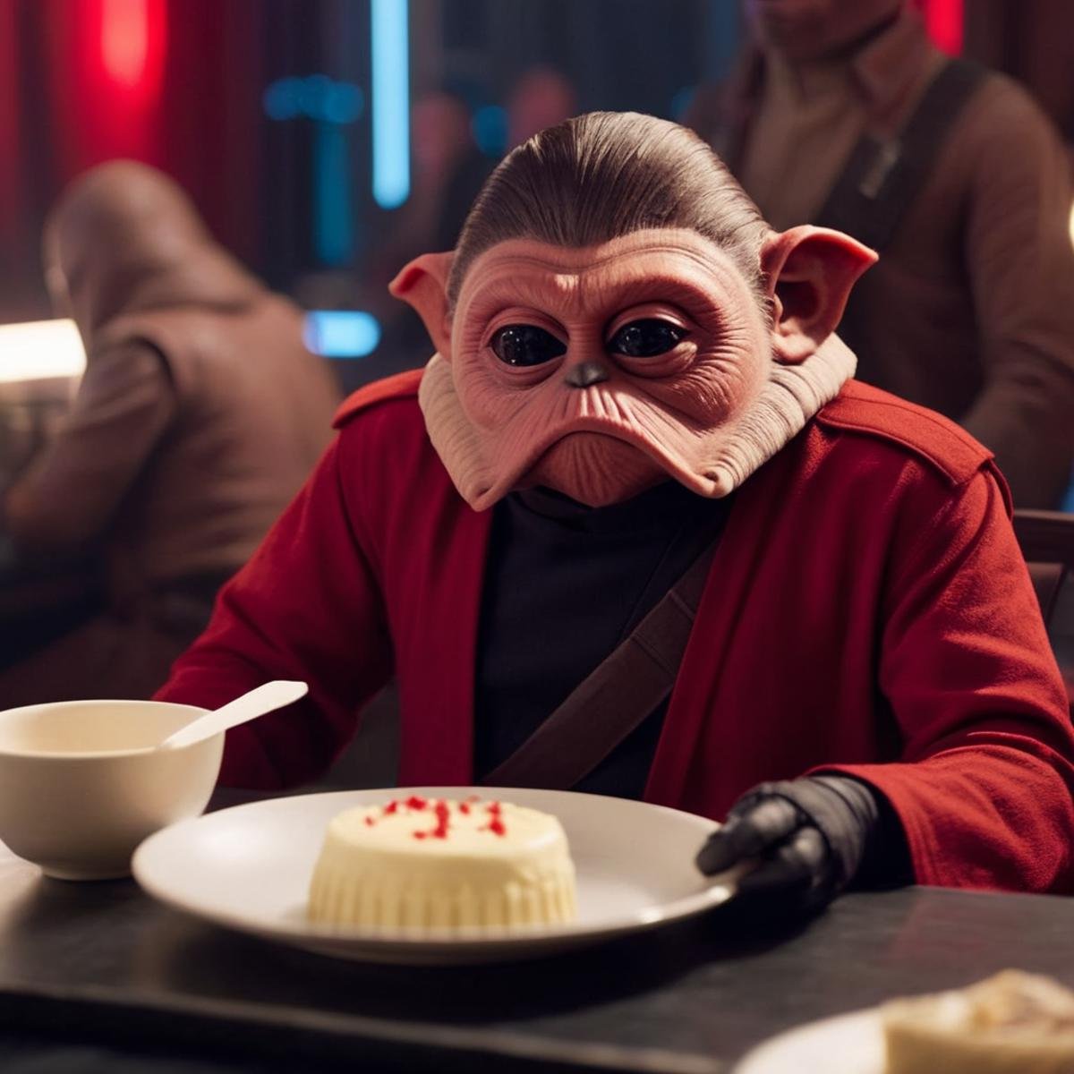 cinematic film still of  <lora:Nien Nunb:1.2>Nien Nunb a person in a red shirt sitting in dinner eating a cake in star wars universe, shallow depth of field, vignette, highly detailed, high budget, bokeh, cinemascope, moody, epic, gorgeous, film grain, grainy