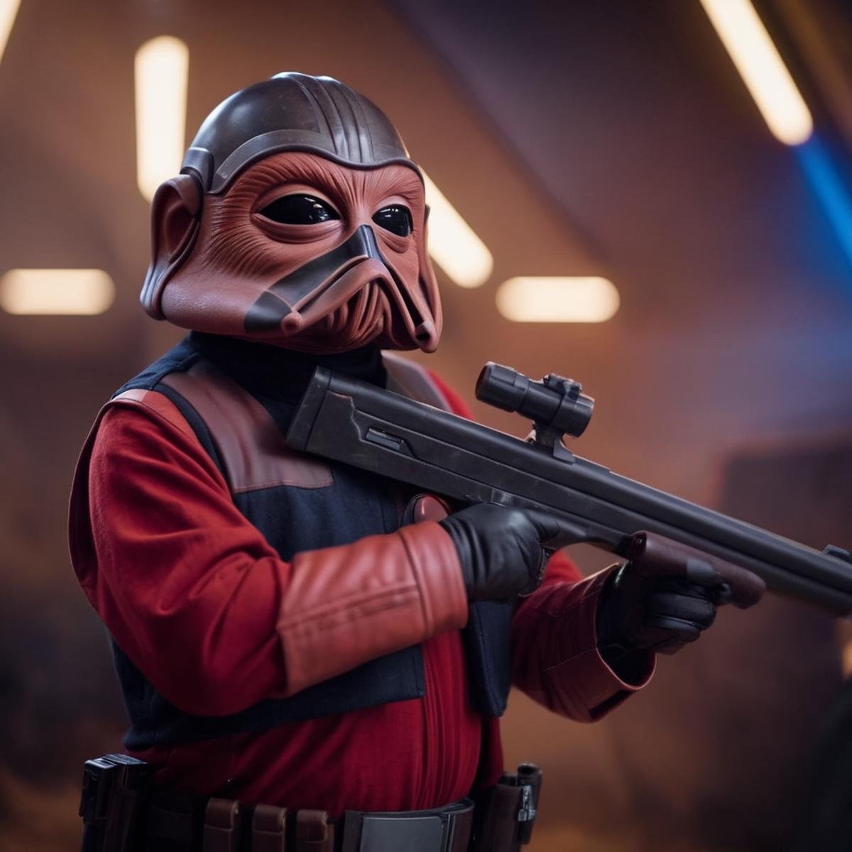 cinematic film still of  <lora:Nien Nunb:1.2>Nien Nunb a person in a costume holding a gun in star wars universe, shallow depth of field, vignette, highly detailed, high budget, bokeh, cinemascope, moody, epic, gorgeous, film grain, grainy