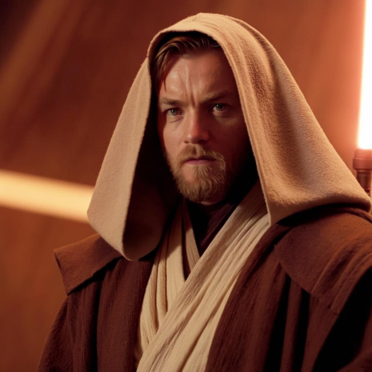 cinematic film still of  <lora:Obi-Wan Kenobi:1.2>Obi-Wan Kenobi a man with a hood on and a beard in star wars universe, shallow depth of field, vignette, highly detailed, high budget, bokeh, cinemascope, moody, epic, gorgeous, film grain, grainy