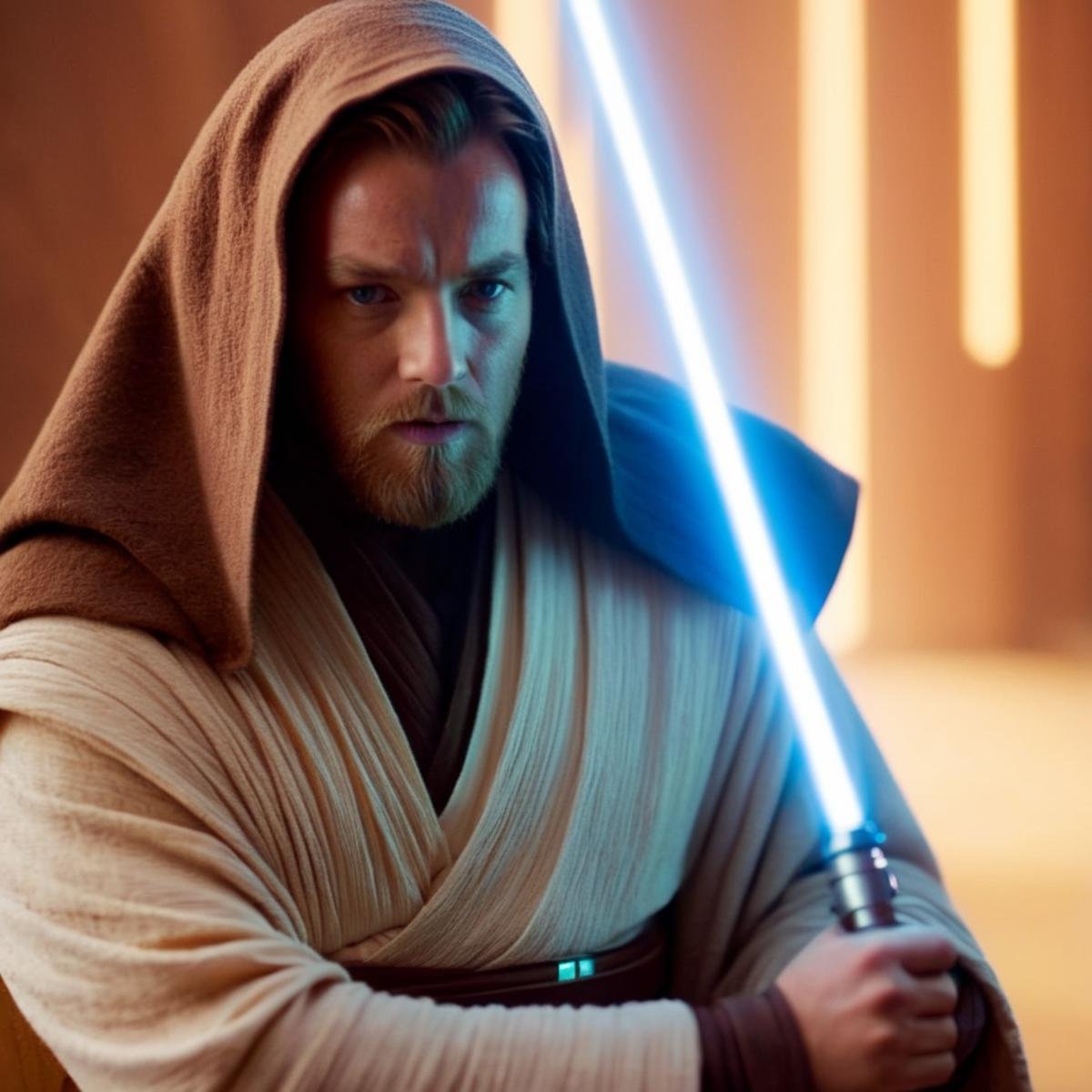 cinematic film still of  <lora:Obi-Wan Kenobi:1.2>Obi-Wan Kenobi a man dressed in a jedi - wars outfit holding a light saber in star wars universe, shallow depth of field, vignette, highly detailed, high budget, bokeh, cinemascope, moody, epic, gorgeous, film grain, grainy