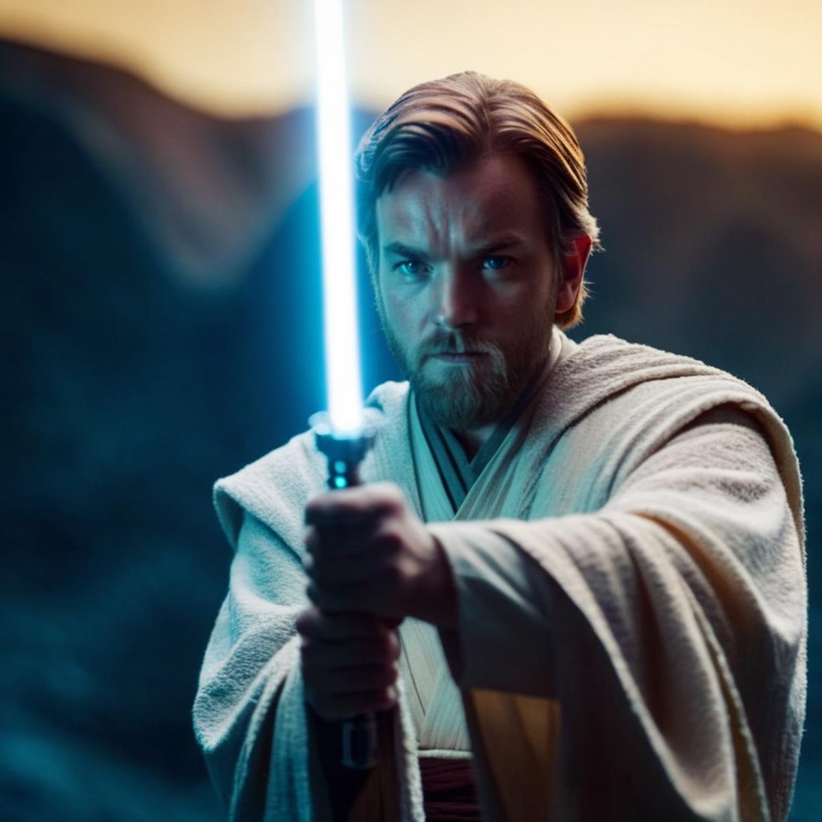 cinematic film still of  <lora:Obi-Wan Kenobi:1.2>Obi-Wan Kenobi a young man in a robe holding a light saber in star wars universe, shallow depth of field, vignette, highly detailed, high budget, bokeh, cinemascope, moody, epic, gorgeous, film grain, grainy