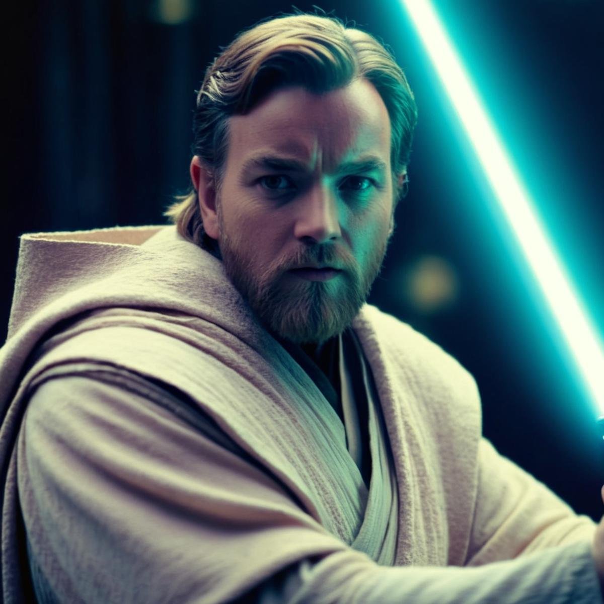 cinematic film still of  <lora:Obi-Wan Kenobi:1.2>Obi-Wan Kenobi a man in a jedi costume holding a light saber in star wars universe, shallow depth of field, vignette, highly detailed, high budget, bokeh, cinemascope, moody, epic, gorgeous, film grain, grainy