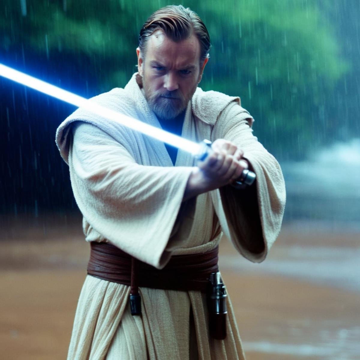 cinematic film still of  <lora:Obi-Wan Kenobi:1.2>Obi-Wan Kenobi a wet man in a wet robe holding a light saber in the rain in star wars universe, shallow depth of field, vignette, highly detailed, high budget, bokeh, cinemascope, moody, epic, gorgeous, film grain, grainy