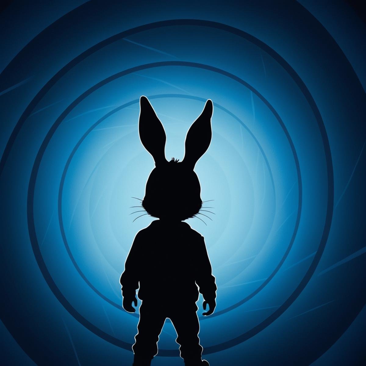 <lora:add-detail-xl:1><lora:detailed:0.3><lora:perfection style:0.3><lora:xl_more_art-full_v1:0.3> <lora:Donnie Darko film style:1>a illustration of a rabbit with white eyes standing in a spiral tunnel with a blue background,solo,1boy,hat,monochrome,male focus,blue background,blue theme,silhouette , cinematic, film, Donnie Darko film style