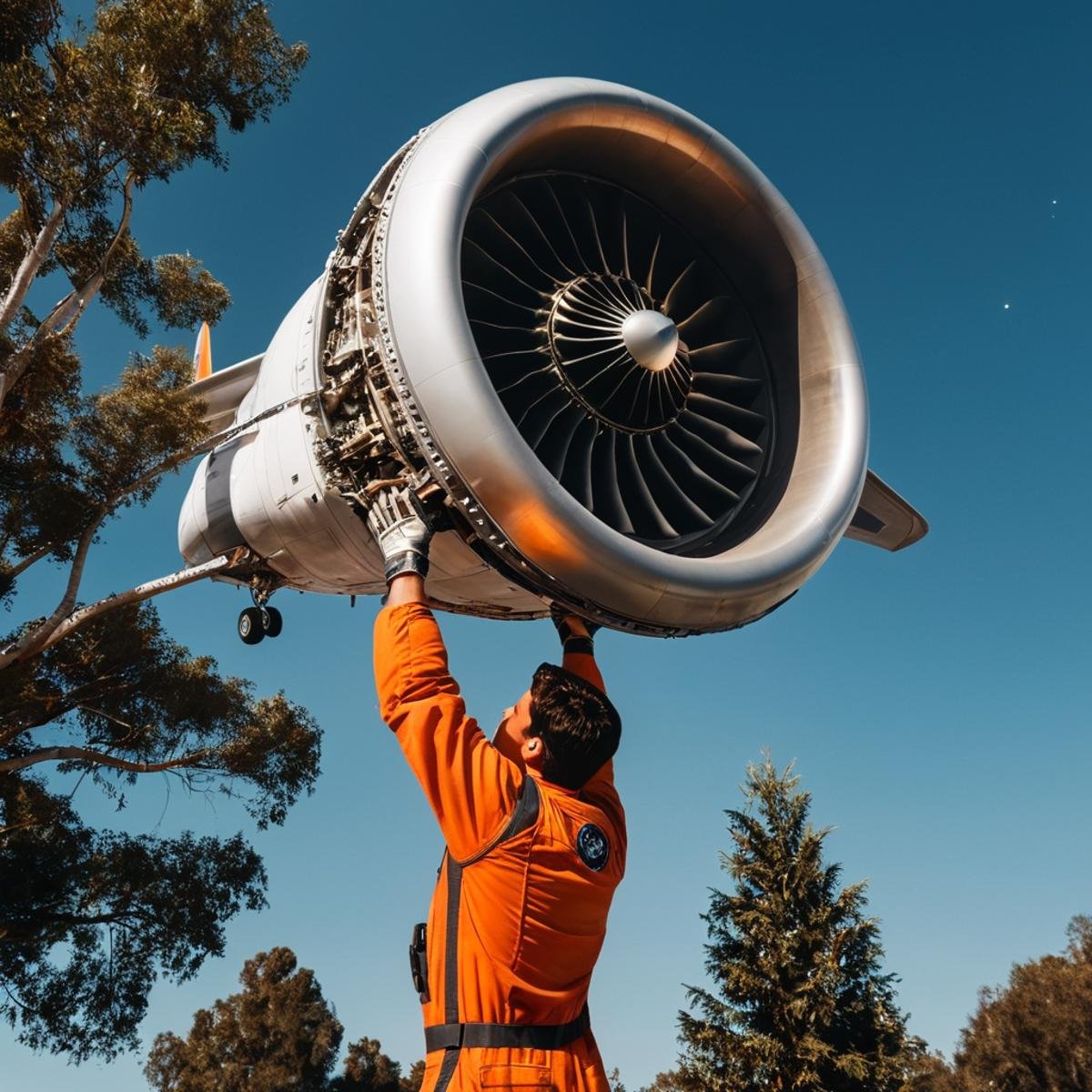 <lora:add-detail-xl:1><lora:detailed:0.3><lora:perfection style:0.3><lora:xl_more_art-full_v1:0.3> <lora:Donnie Darko film style:1>a construction man in an orange shirt is lifting up a large airplane engine,multiple,signature,tree,helmet,star (sky),science fiction,realistic,space,planet,earth (planet),spacesuit,astronaut , cinematic, film, Donnie Darko film style