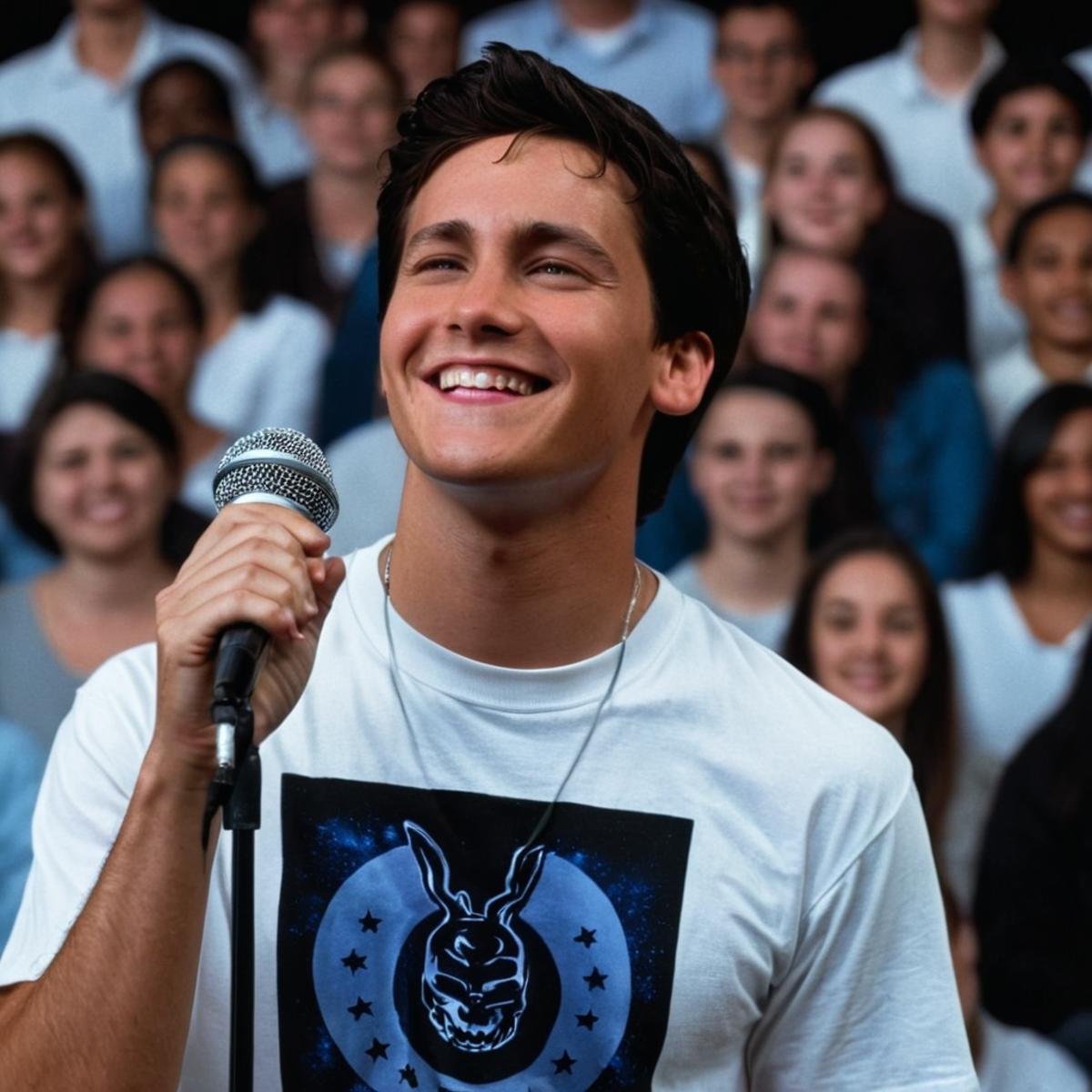 <lora:add-detail-xl:1><lora:detailed:0.3><lora:perfection style:0.3><lora:xl_more_art-full_v1:0.3> <lora:Donnie Darko film style:1>Jake a smiling man in a white shirt is smiling and holding a microphone on stage with audience in background,smile,shirt,black hair,1boy,white shirt,upper body,male focus,one eye closed,teeth,solo focus,collared shirt,blurry,depth of field,blurry background,microphone,realistic,music,singing,crowd,real life insert,concert,audience , cinematic, film, Donnie Darko film style