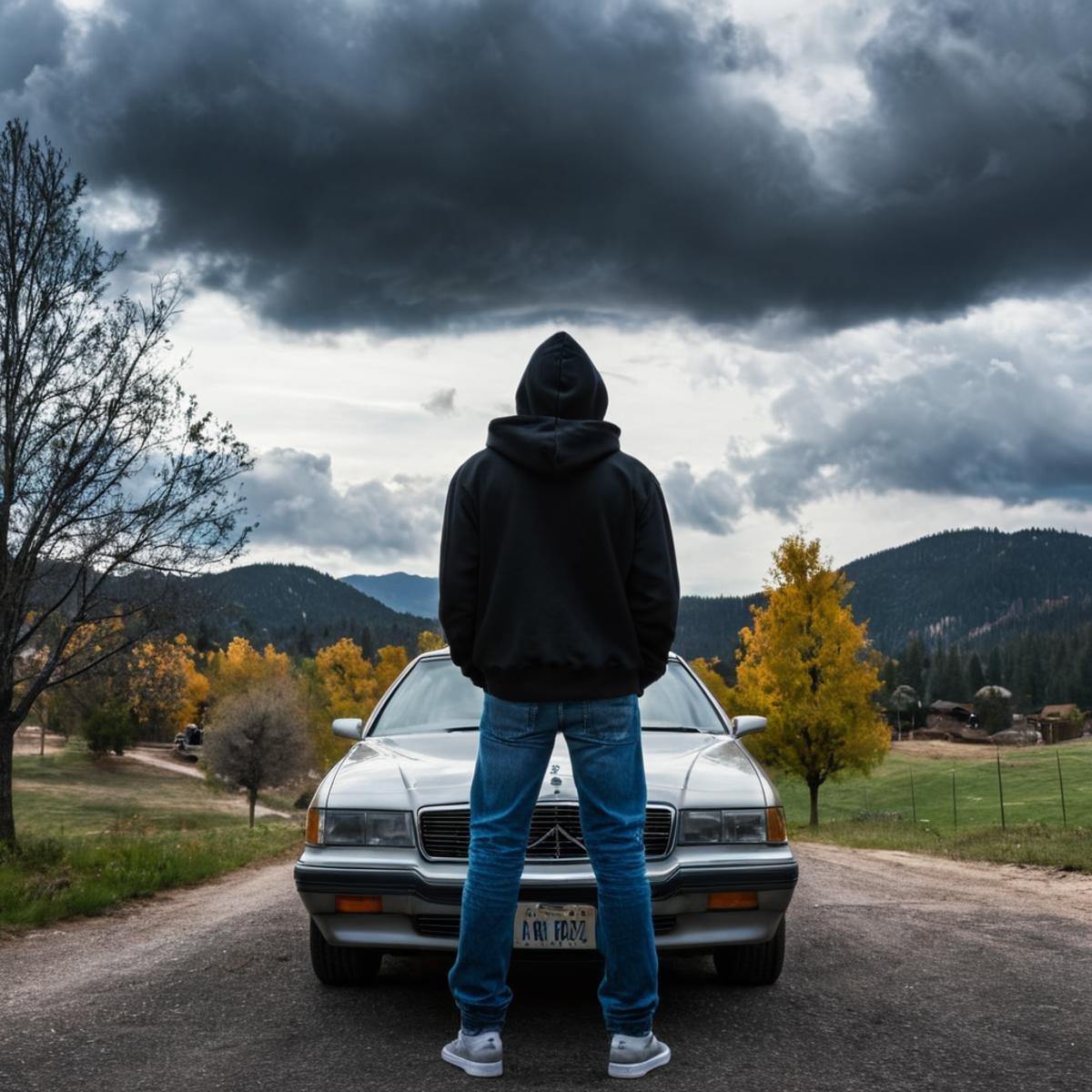 <lora:add-detail-xl:1><lora:detailed:0.3><lora:perfection style:0.3><lora:xl_more_art-full_v1:0.3> <lora:Donnie Darko film style:1>a man standing in front of a car looking at a hdr cloud in sky,solo,black hair,1boy,sitting,male focus,outdoors,sky,cloud,hood,bag,from behind,tree,hoodie,hood down,cloudy sky,nature,scenery,mountain,landscape , cinematic, film, Donnie Darko film style