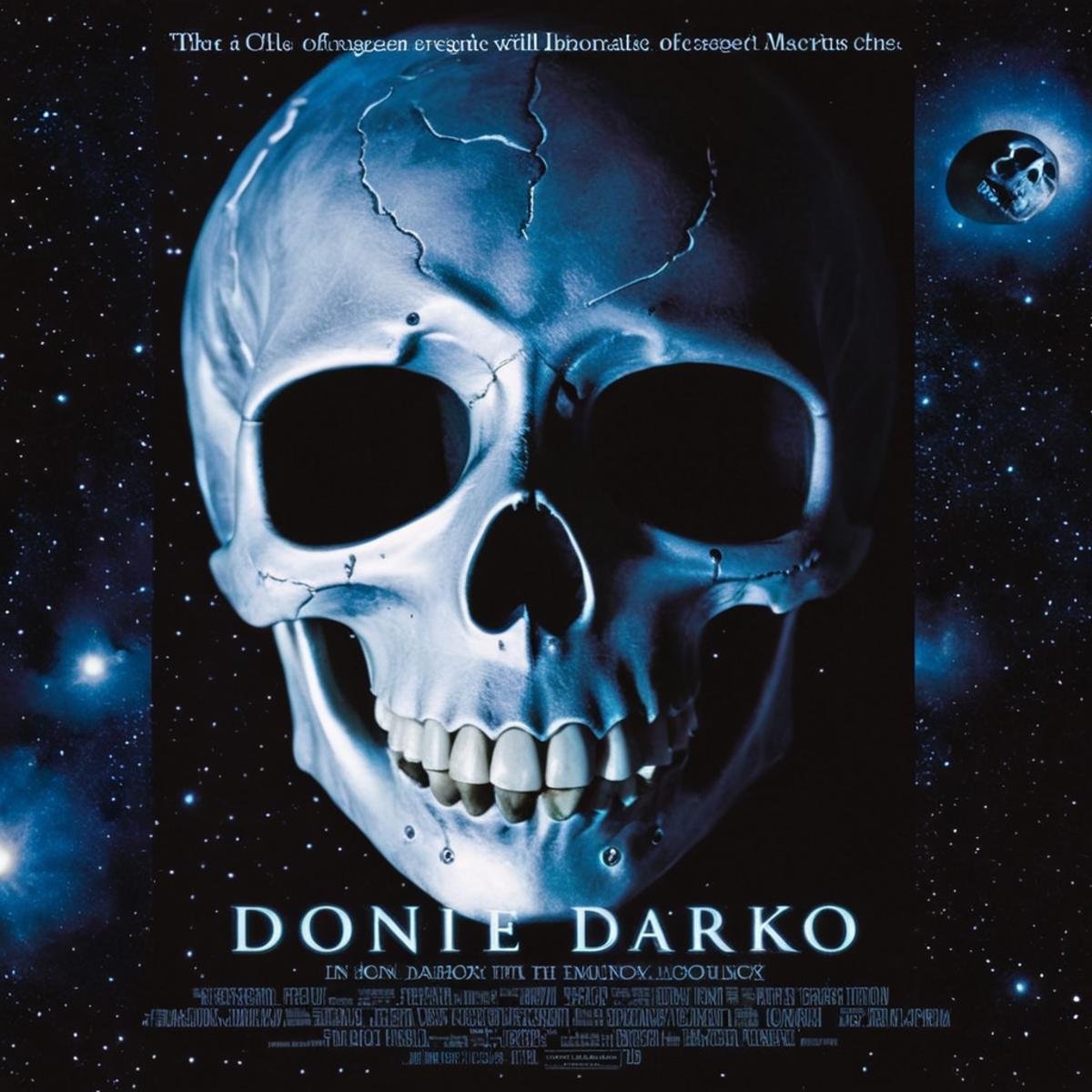 <lora:add-detail-xl:1><lora:detailed:0.3><lora:perfection style:0.3><lora:xl_more_art-full_v1:0.3> <lora:Donnie Darko film style:1>a movie poster with a man's face and a skeleton hovering in space,male focus,multiple boys,english text,border,realistic , cinematic, film, Donnie Darko film style