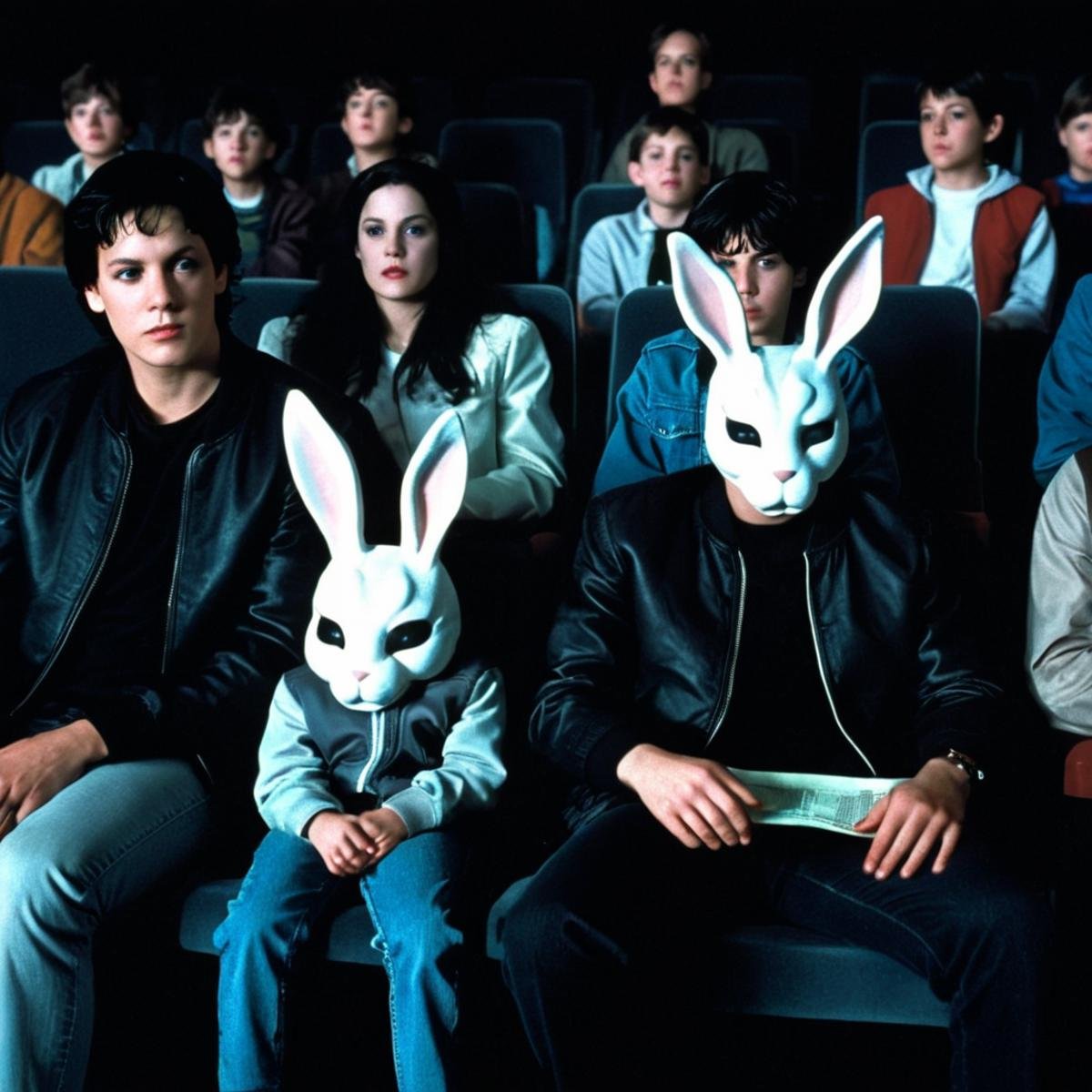 <lora:add-detail-xl:1><lora:detailed:0.3><lora:perfection style:0.3><lora:xl_more_art-full_v1:0.3> <lora:Donnie Darko film style:1>a man and a woman sitting in a theater next to another person with a bunny mask on,black hair,jacket,multiple boys,2boys,parody,science fiction,realistic,retro artstyle,alien,1980s (style) , cinematic, film, Donnie Darko film style