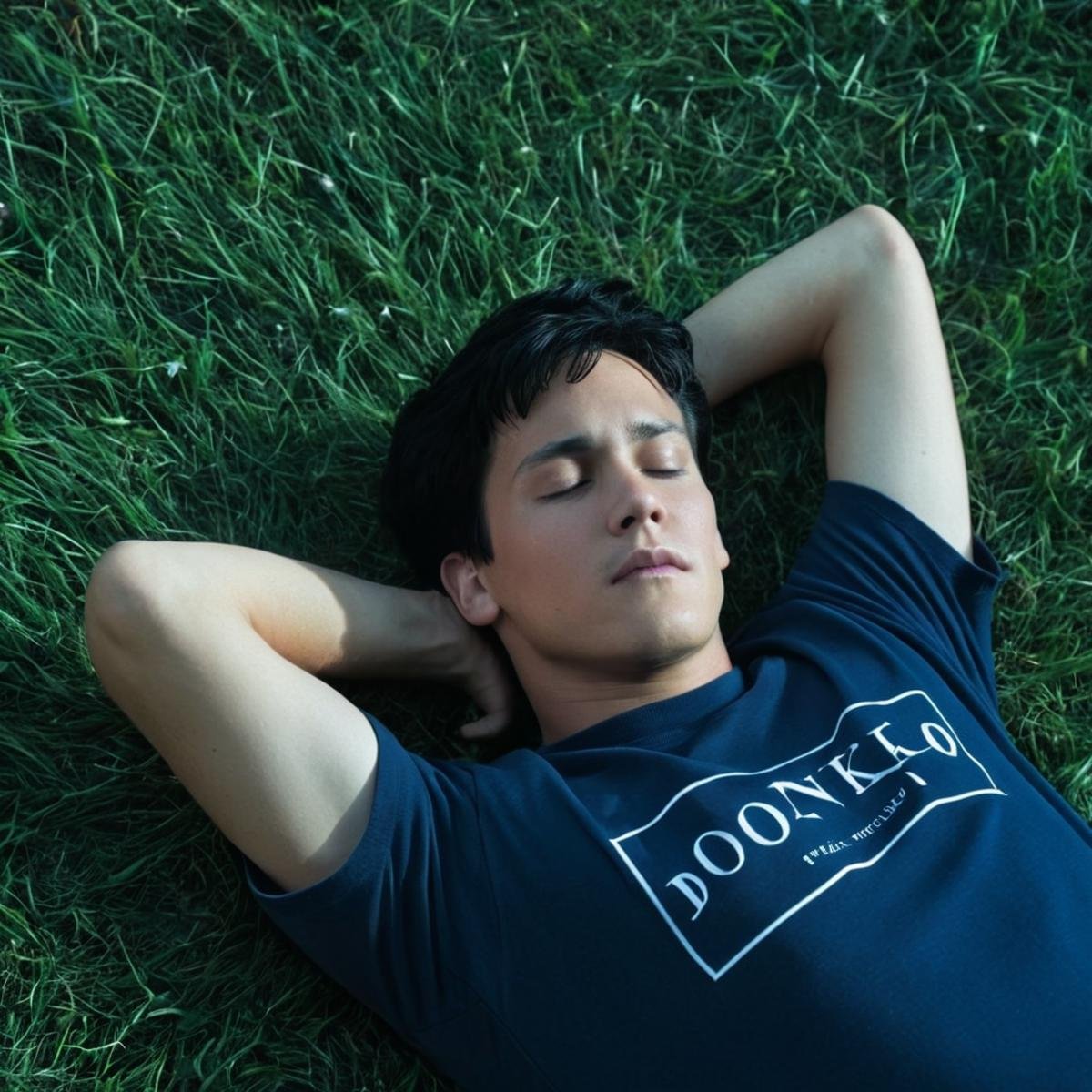 <lora:add-detail-xl:1><lora:detailed:0.3><lora:perfection style:0.3><lora:xl_more_art-full_v1:0.3> <lora:Donnie Darko film style:1>a man laying on the grass with a high angle,solo,short hair,shirt,black hair,1boy,closed mouth,closed eyes,white shirt,short sleeves,male focus,lying,pants,on side,black pants,grass,blue shirt,t-shirt,realistic , cinematic, film, Donnie Darko film style