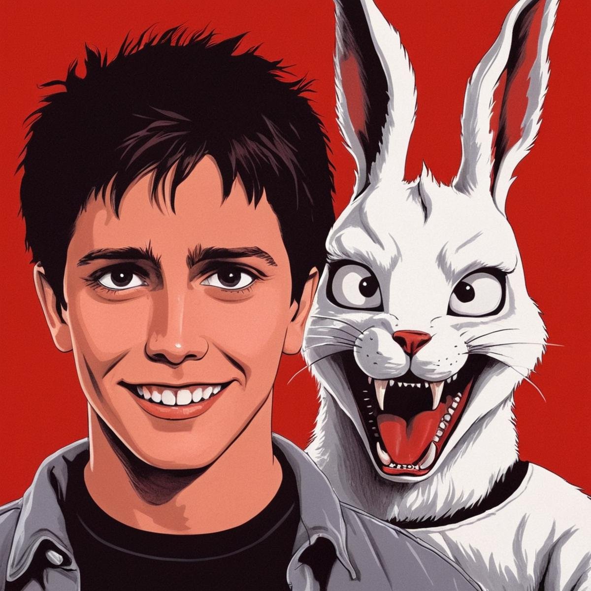 <lora:add-detail-xl:1><lora:detailed:0.3><lora:perfection style:0.3><lora:xl_more_art-full_v1:0.3> <lora:Donnie Darko film style:1>a drawing of a man and a rabbit next to each other,1boy,upper body,male focus,teeth,dated,sharp teeth,red background,monster,horror (theme) , cinematic, film, Donnie Darko film style