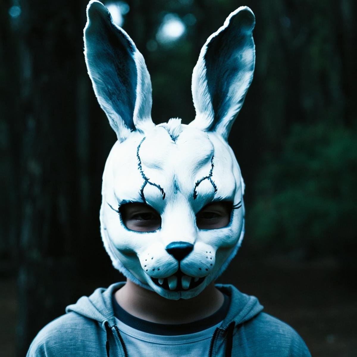 <lora:add-detail-xl:1><lora:detailed:0.3><lora:perfection style:0.3><lora:xl_more_art-full_v1:0.3> <lora:Donnie Darko film style:1>a creepy bunny mask with a creepy face,solo,1boy,closed eyes,blurry,no humans,facing viewer , cinematic, film, Donnie Darko film style