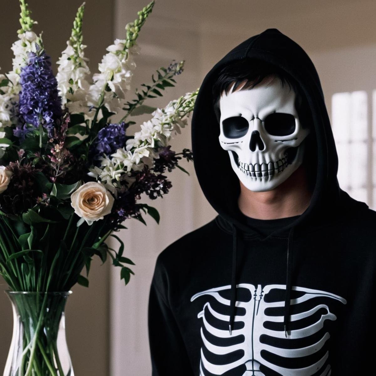 <lora:add-detail-xl:1><lora:detailed:0.3><lora:perfection style:0.3><lora:xl_more_art-full_v1:0.3> <lora:Donnie Darko film style:1>Jake a man in a skeleton hoodie standing next to a vase of flowers,solo,black hair,1boy,upper body,male focus,hood,blurry,realistic,skeleton , cinematic, film, Donnie Darko film style