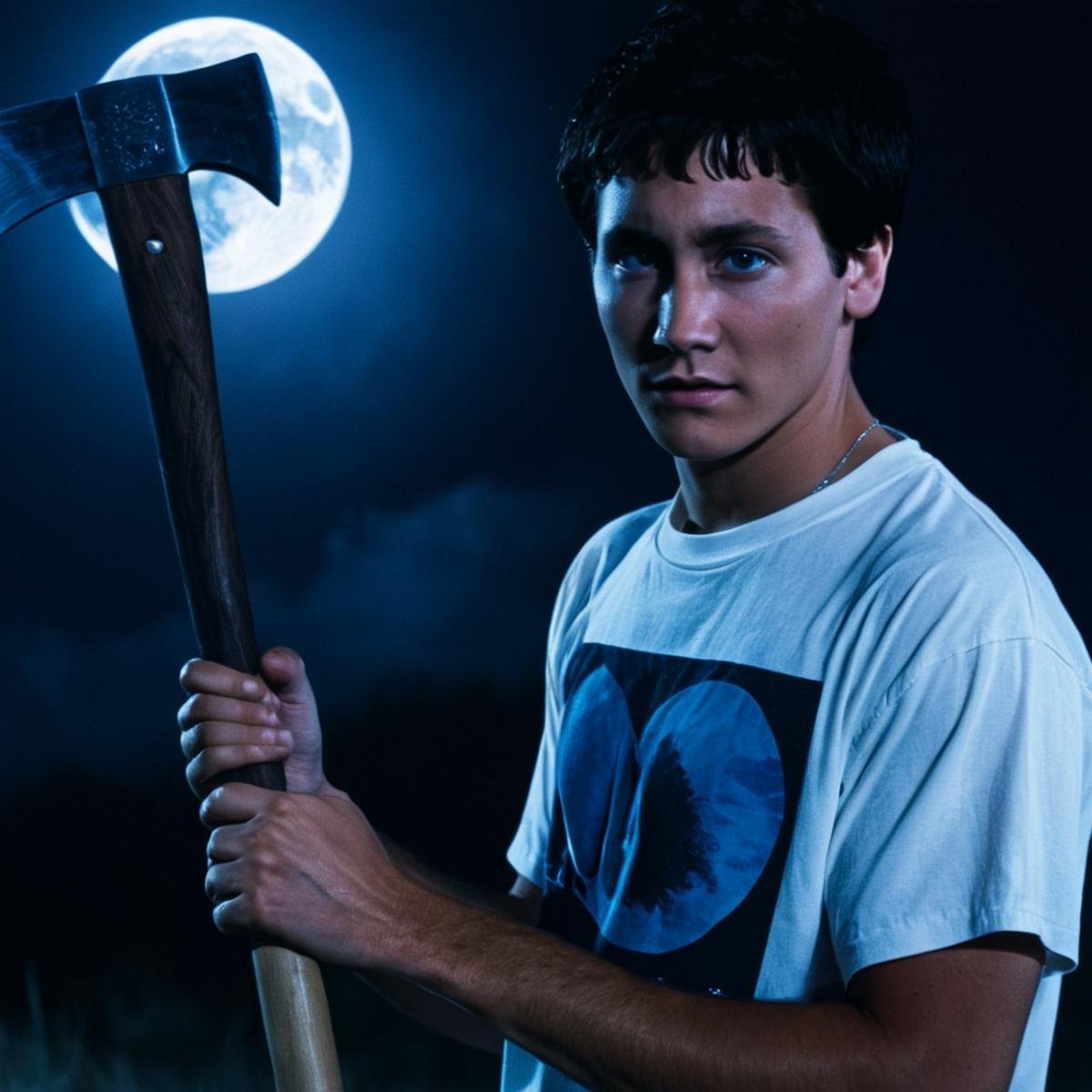 <lora:add-detail-xl:1><lora:detailed:0.3><lora:perfection style:0.3><lora:xl_more_art-full_v1:0.3> <lora:Donnie Darko film style:1>Jake a man holding a wooden axe in his hand,solo,looking at viewer with a glowingmoon on his chest,short hair,shirt,black hair,1boy,closed mouth,white shirt,upper body,short sleeves,male focus,artist name,bag,watermark,black background,web address,blue theme,instagram username , cinematic, film, Donnie Darko film style