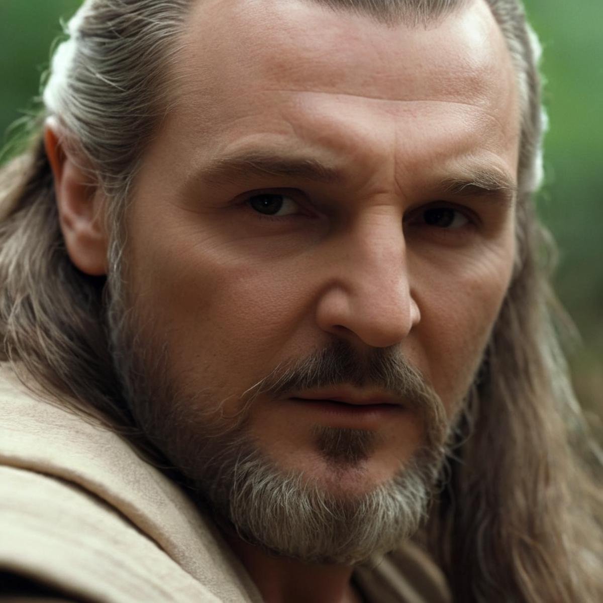 cinematic film still of  <lora:Qui-Gon Jinn:1.2>Qui-Gon Jinn a closeup of a man with long hair and a beard in star wars universe, shallow depth of field, vignette, highly detailed, high budget, bokeh, cinemascope, moody, epic, gorgeous, film grain, grainy