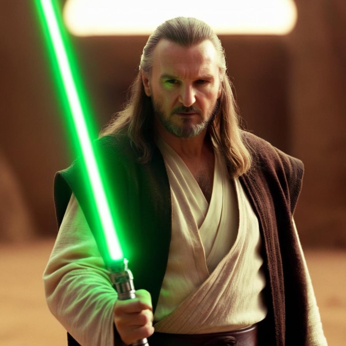 cinematic film still of  <lora:Qui-Gon Jinn:1.2>Qui-Gon Jinn a man with long hair holding a green light saber in star wars universe, shallow depth of field, vignette, highly detailed, high budget, bokeh, cinemascope, moody, epic, gorgeous, film grain, grainy