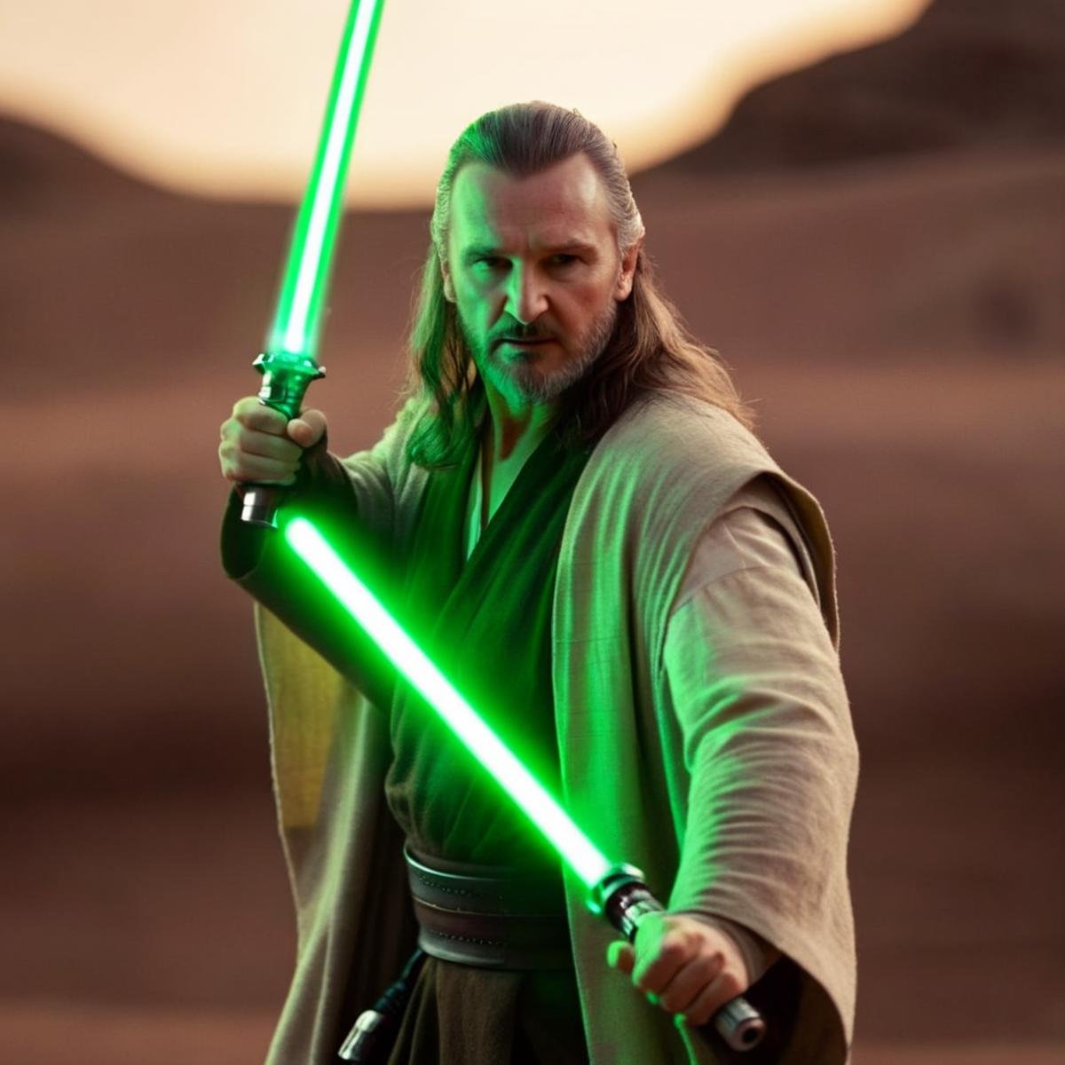 cinematic film still of  <lora:Qui-Gon Jinn:1.2>Qui-Gon Jinn a man with a green light saber in his hand in star wars universe, shallow depth of field, vignette, highly detailed, high budget, bokeh, cinemascope, moody, epic, gorgeous, film grain, grainy