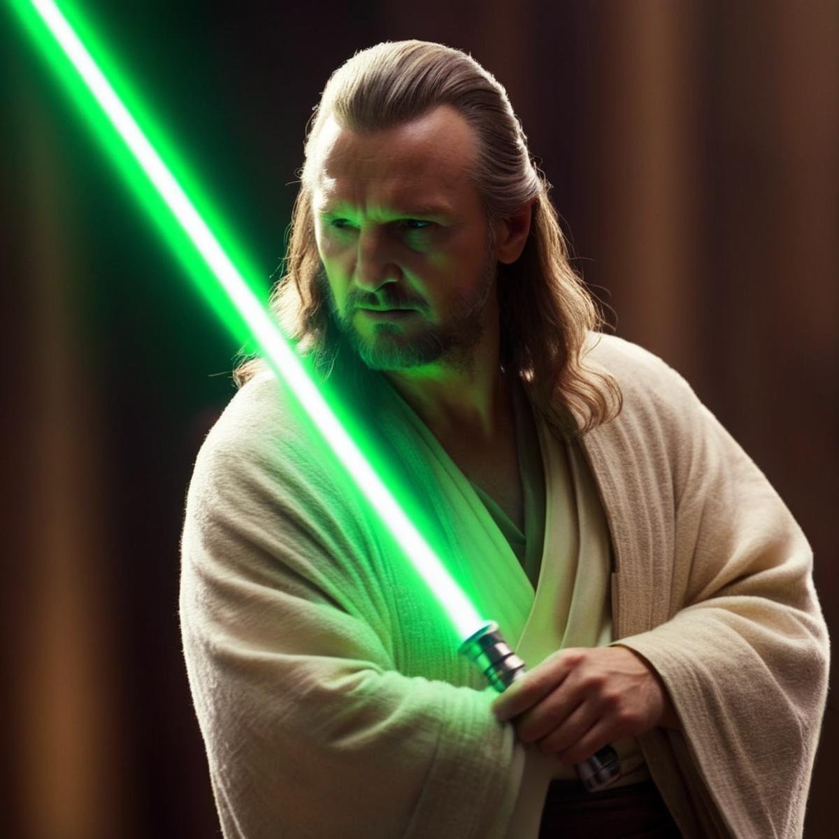 cinematic film still of  <lora:Qui-Gon Jinn:1.2>Qui-Gon Jinn a man in a robe holding a green light saber in star wars universe, shallow depth of field, vignette, highly detailed, high budget, bokeh, cinemascope, moody, epic, gorgeous, film grain, grainy