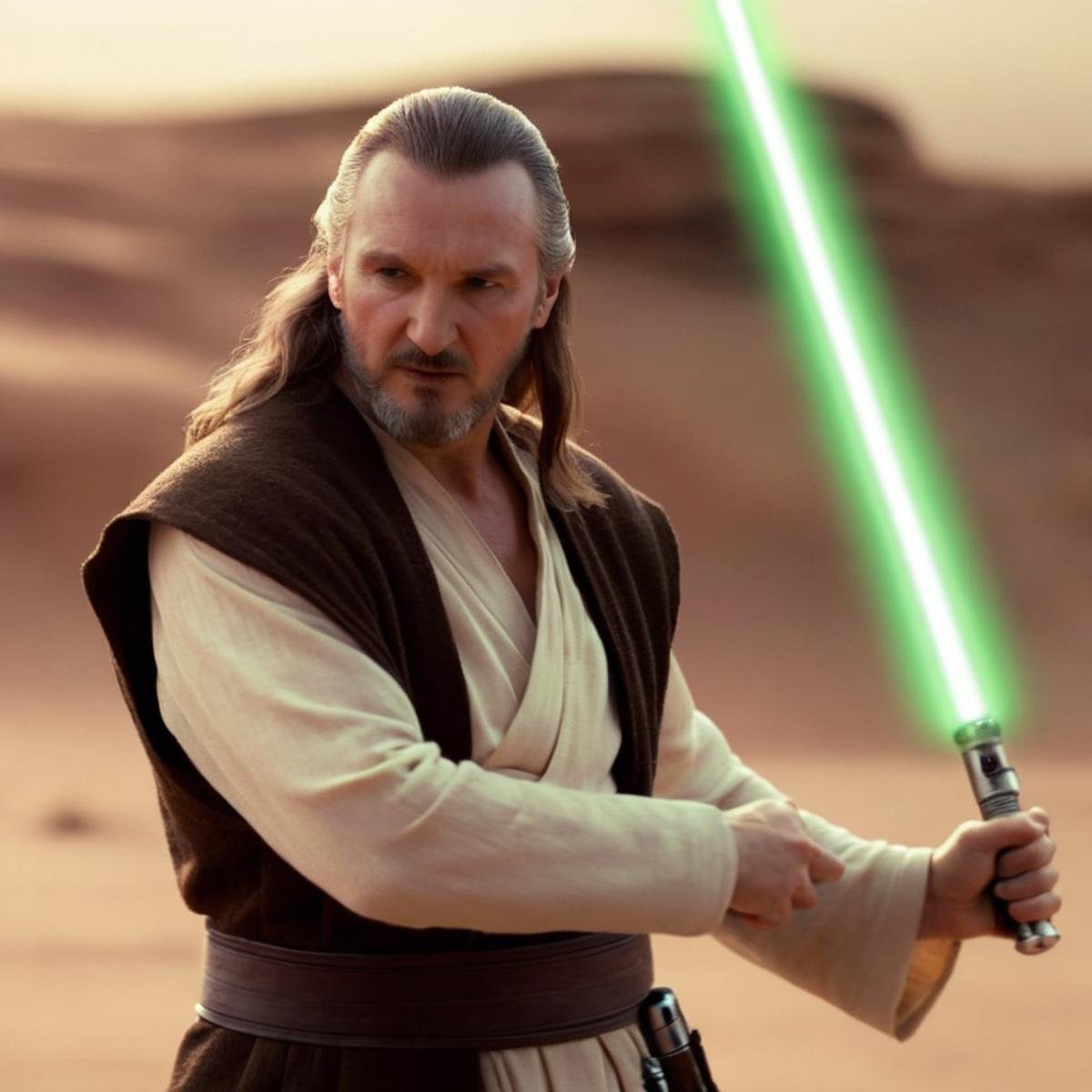 cinematic film still of  <lora:Qui-Gon Jinn:1.2>Qui-Gon Jinn a man with a lightsaber in his hand in star wars universe, shallow depth of field, vignette, highly detailed, high budget, bokeh, cinemascope, moody, epic, gorgeous, film grain, grainy