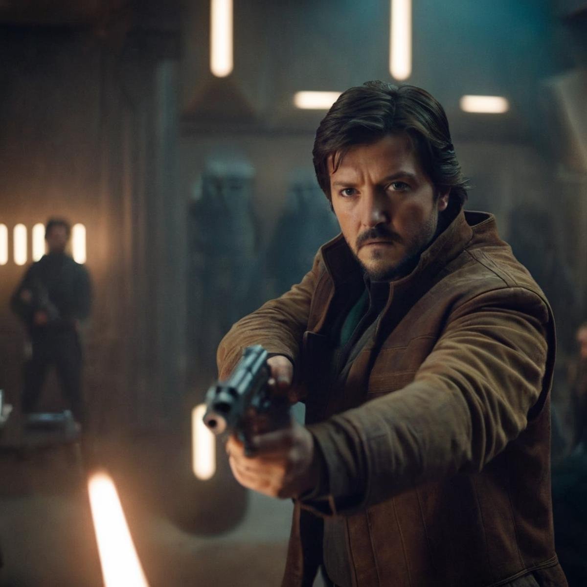 cinematic film still of  <lora:Cassian Andor:1.2>Cassian Andor a man aiming a gun in a room with perfect hands In Star Wars Universe, shallow depth of field, vignette, highly detailed, high budget, bokeh, cinemascope, moody, epic, gorgeous, film grain, grainy