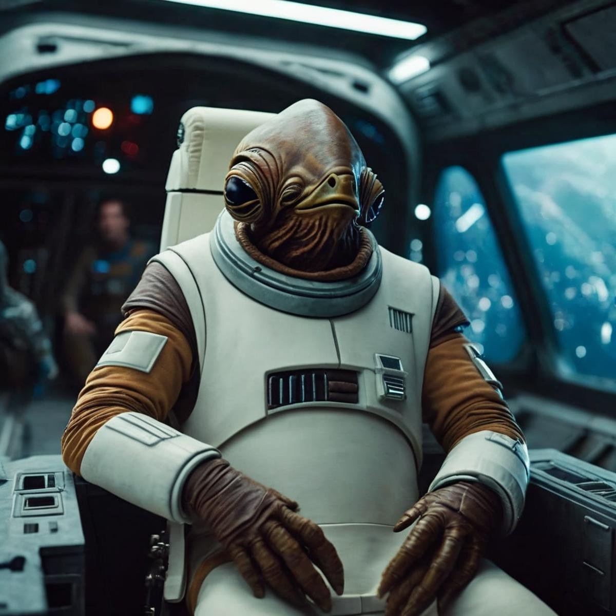 cinematic film still of  <lora:Gial Ackbar:1.2>Gial Ackbar a person in a space suit sitting in a spaceship In Star Wars Universe, shallow depth of field, vignette, highly detailed, high budget, bokeh, cinemascope, moody, epic, gorgeous, film grain, grainy