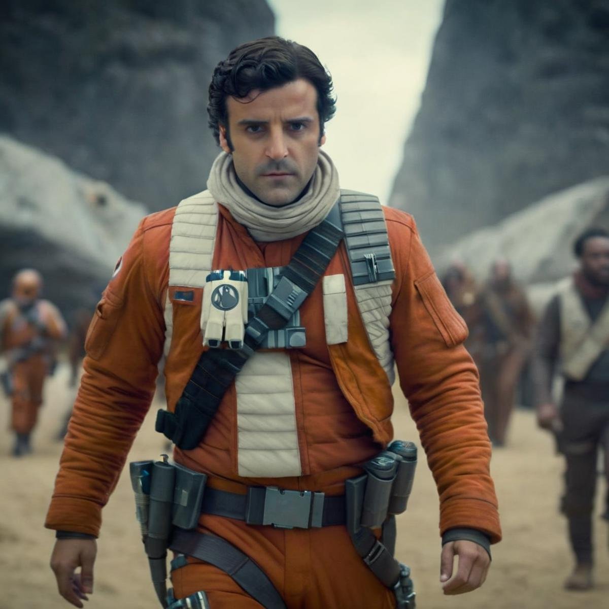 cinematic film still of  <lora:Poe Dameron:1.2>Poe Dameron a man in a star wars pilot costume running In Star Wars Universe, shallow depth of field, vignette, highly detailed, high budget, bokeh, cinemascope, moody, epic, gorgeous, film grain, grainy