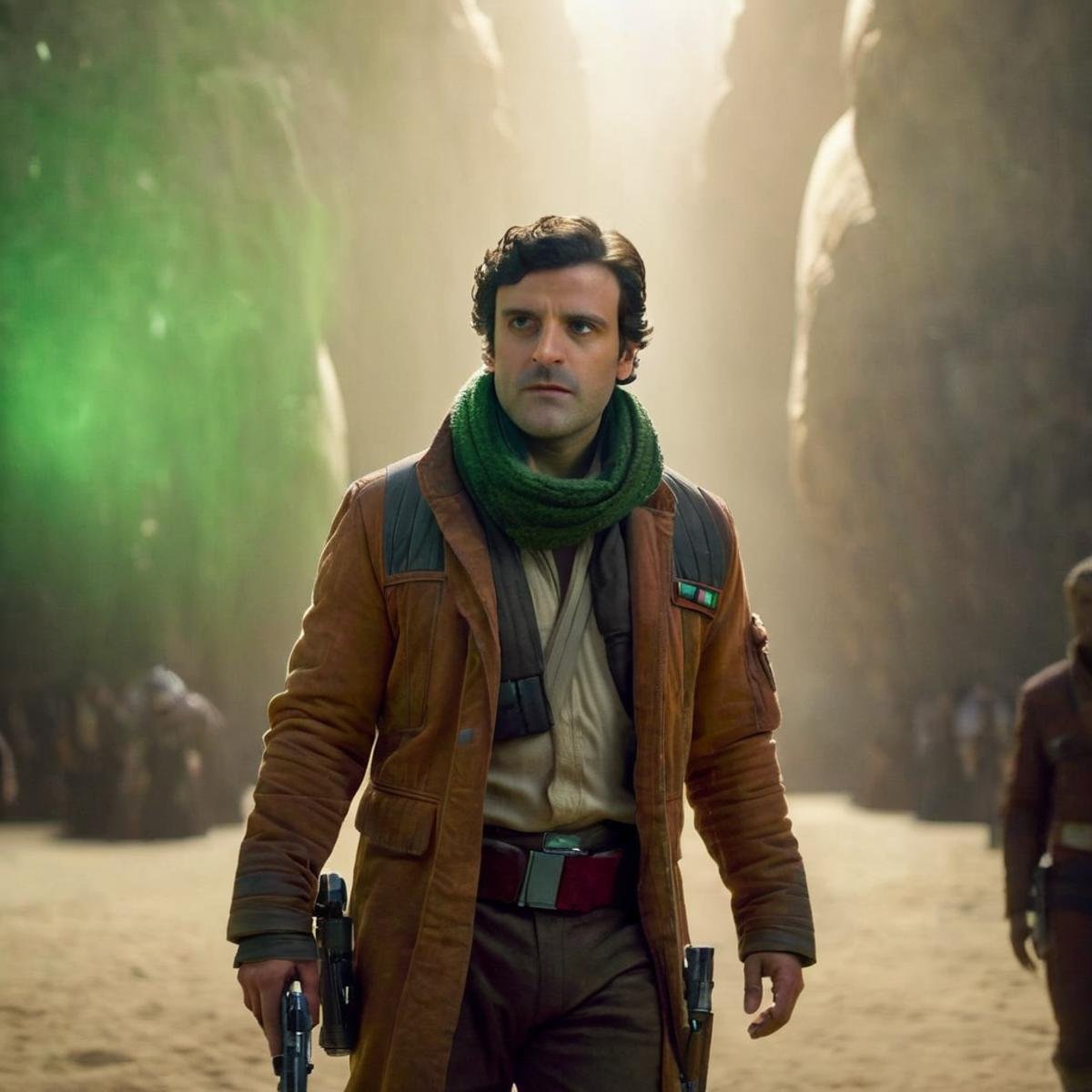 cinematic film still of  <lora:Poe Dameron:1.2>Poe Dameron a man in a brown jacket and scarf with a cinematic green spot light on In Star Wars Universe, shallow depth of field, vignette, highly detailed, high budget, bokeh, cinemascope, moody, epic, gorgeous, film grain, grainy