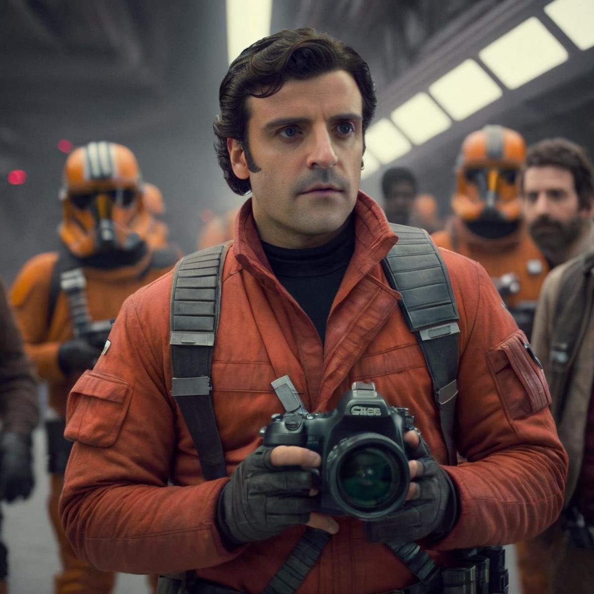 cinematic film still of  <lora:Poe Dameron:1.2>Poe Dameron a painting of a man in a red pilot shirt holding a camera In Star Wars Universe, shallow depth of field, vignette, highly detailed, high budget, bokeh, cinemascope, moody, epic, gorgeous, film grain, grainy